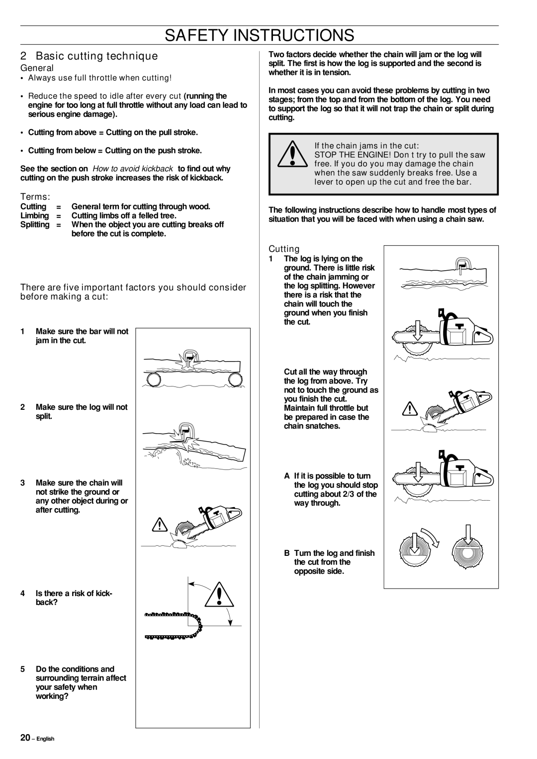 Jonsered CS 2145, CS 2141, CS 2150 manual Basic cutting technique, General, Terms, Cutting 