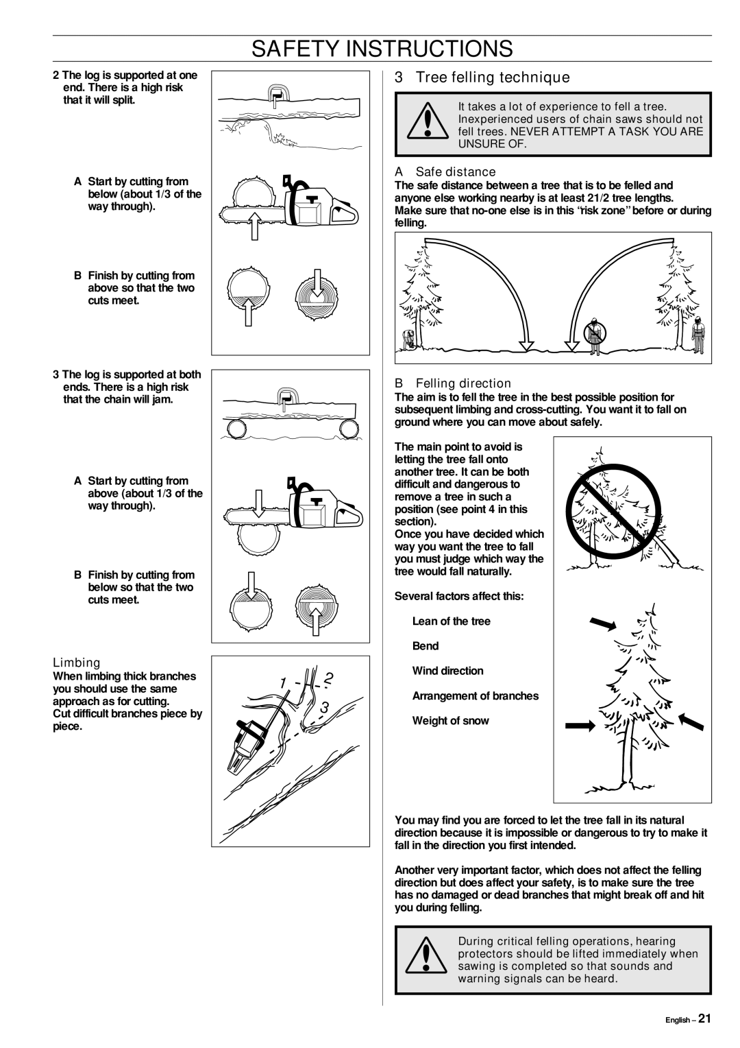 Jonsered CS 2141, CS 2150, CS 2145 manual Tree felling technique, Safe distance, Limbing, Felling direction 