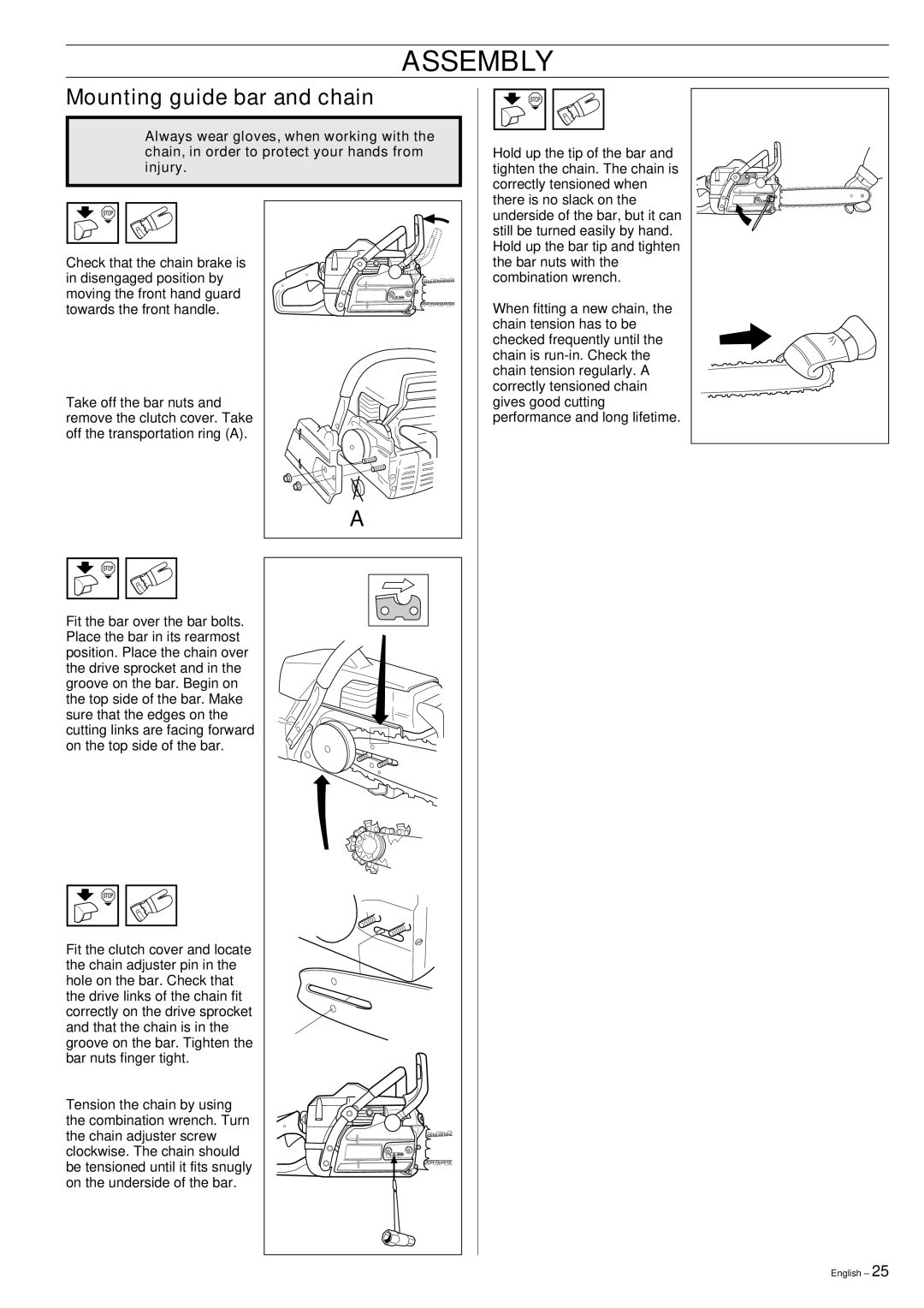 Jonsered CS 2150, CS 2141, CS 2145 manual Assembly, Mounting guide bar and chain 