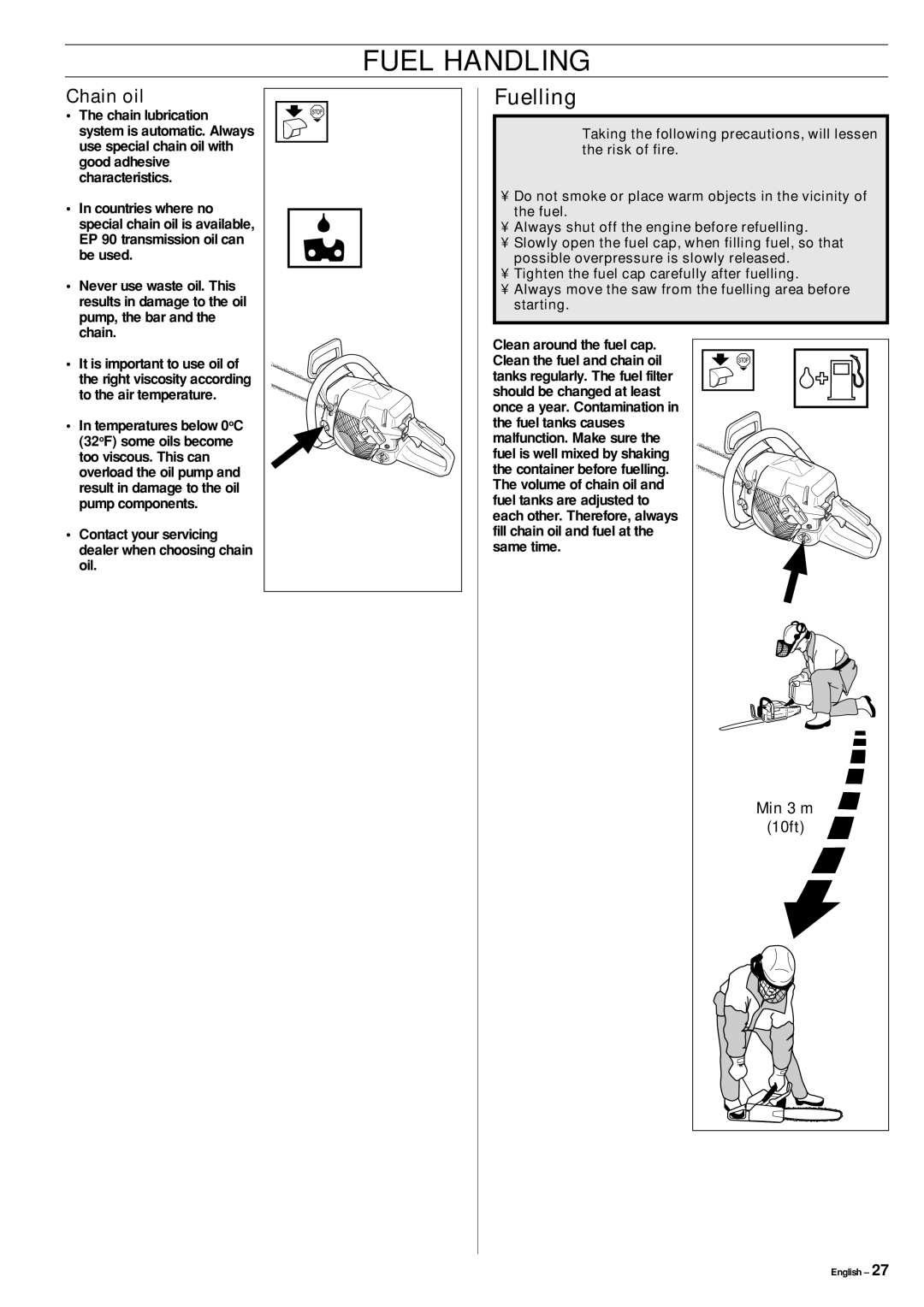 Jonsered CS 2141, CS 2150, CS 2145 manual Fuelling, Chain oil, Min 3 m, 10ft 