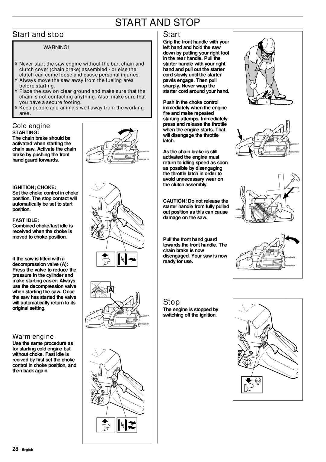 Jonsered CS 2150, CS 2141, CS 2145 manual Start and Stop, Start and stop 