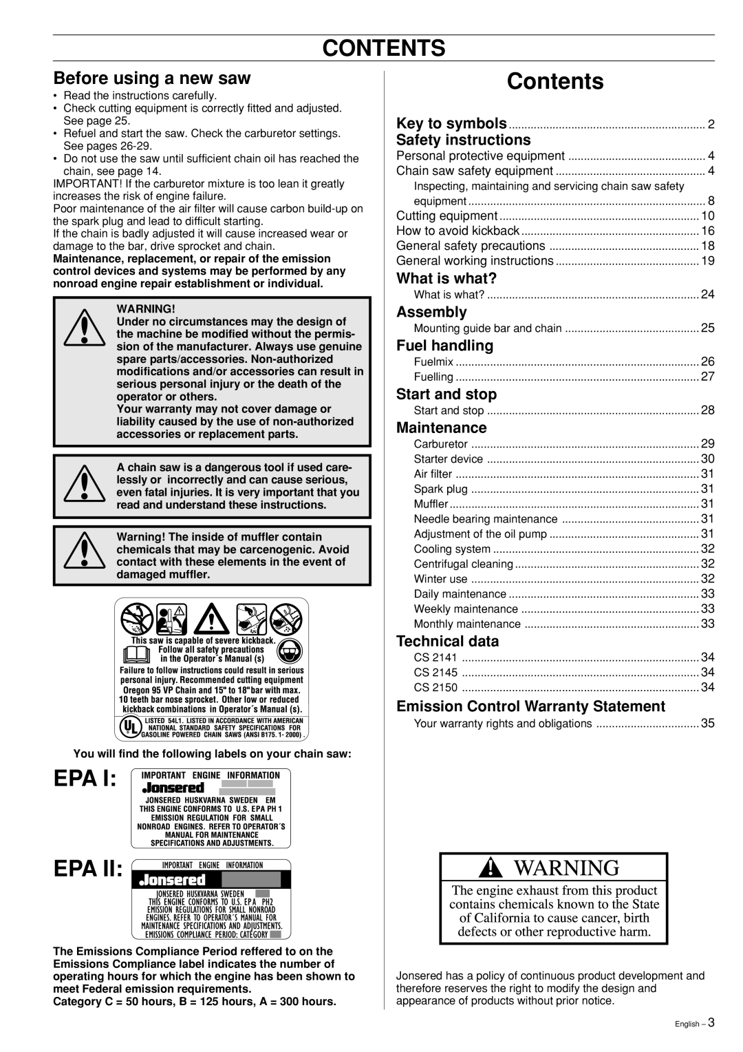 Jonsered CS 2141, CS 2150, CS 2145 manual Contents, Epa 