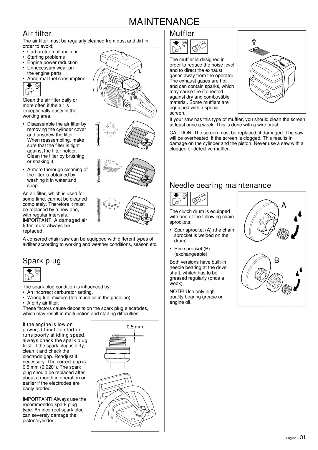 Jonsered CS 2150, CS 2141, CS 2145 manual Air filter, Muffler, Needle bearing maintenance, Spark plug 