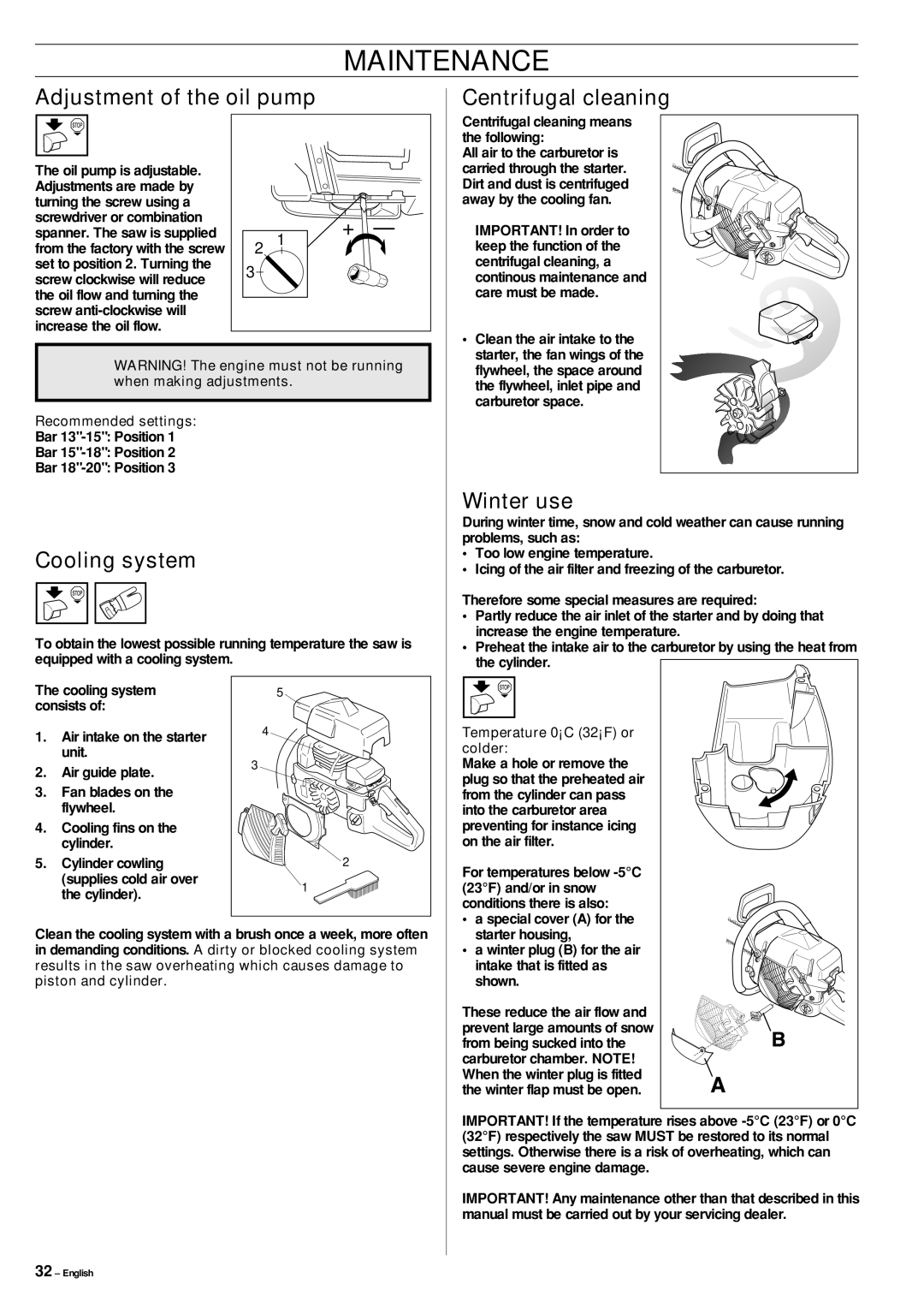 Jonsered CS 2145, CS 2141, CS 2150 manual Adjustment of the oil pump Centrifugal cleaning, Cooling system, Winter use 