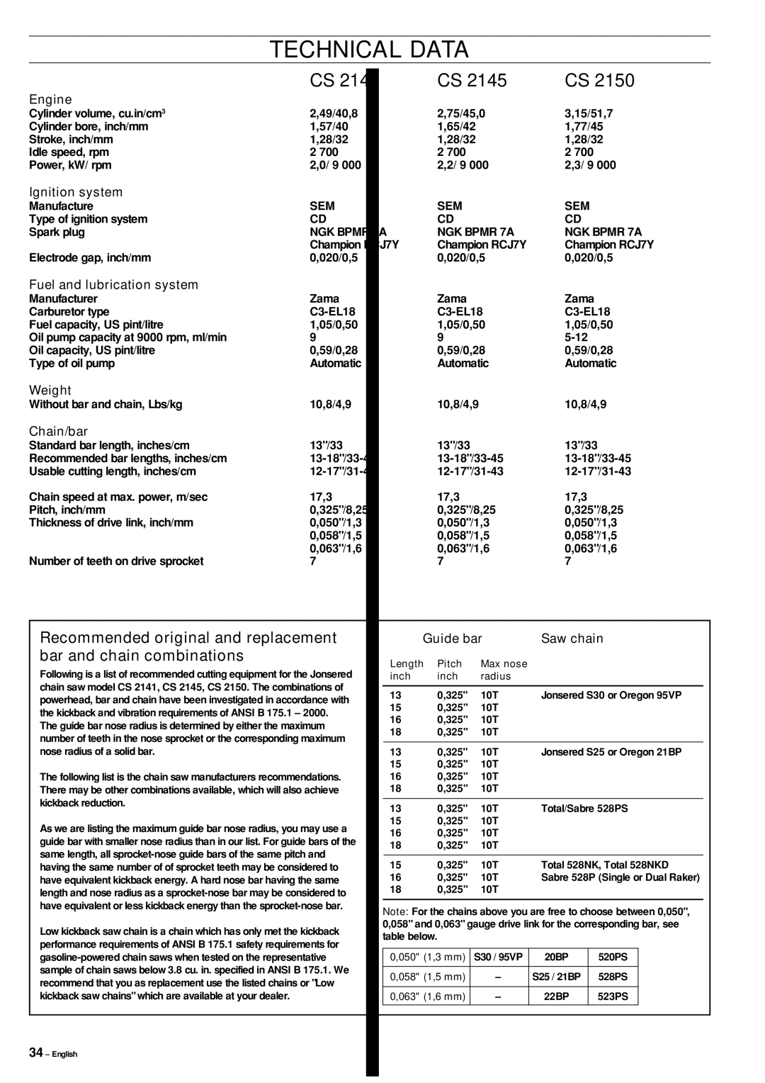 Jonsered CS 2150, CS 2141, CS 2145 manual Technical Data, Recommended original and replacement, Bar and chain combinations 