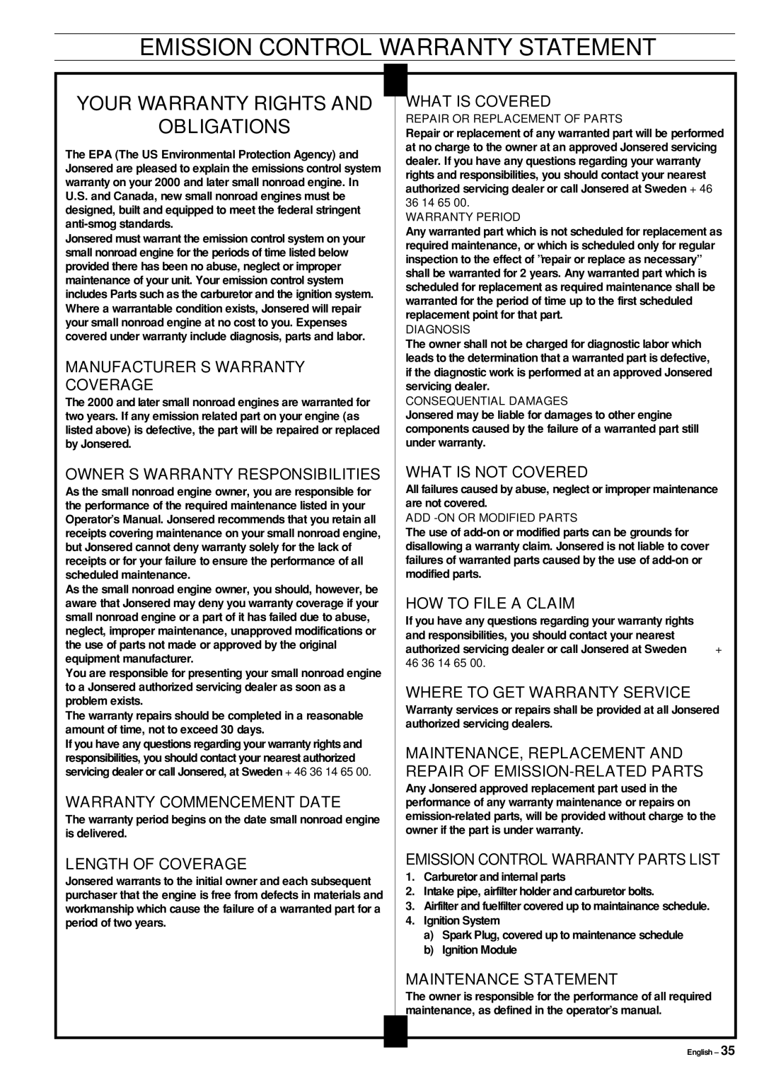 Jonsered CS 2145, CS 2141, CS 2150 manual Emission Control Warranty Statement, Your Warranty Rights Obligations 