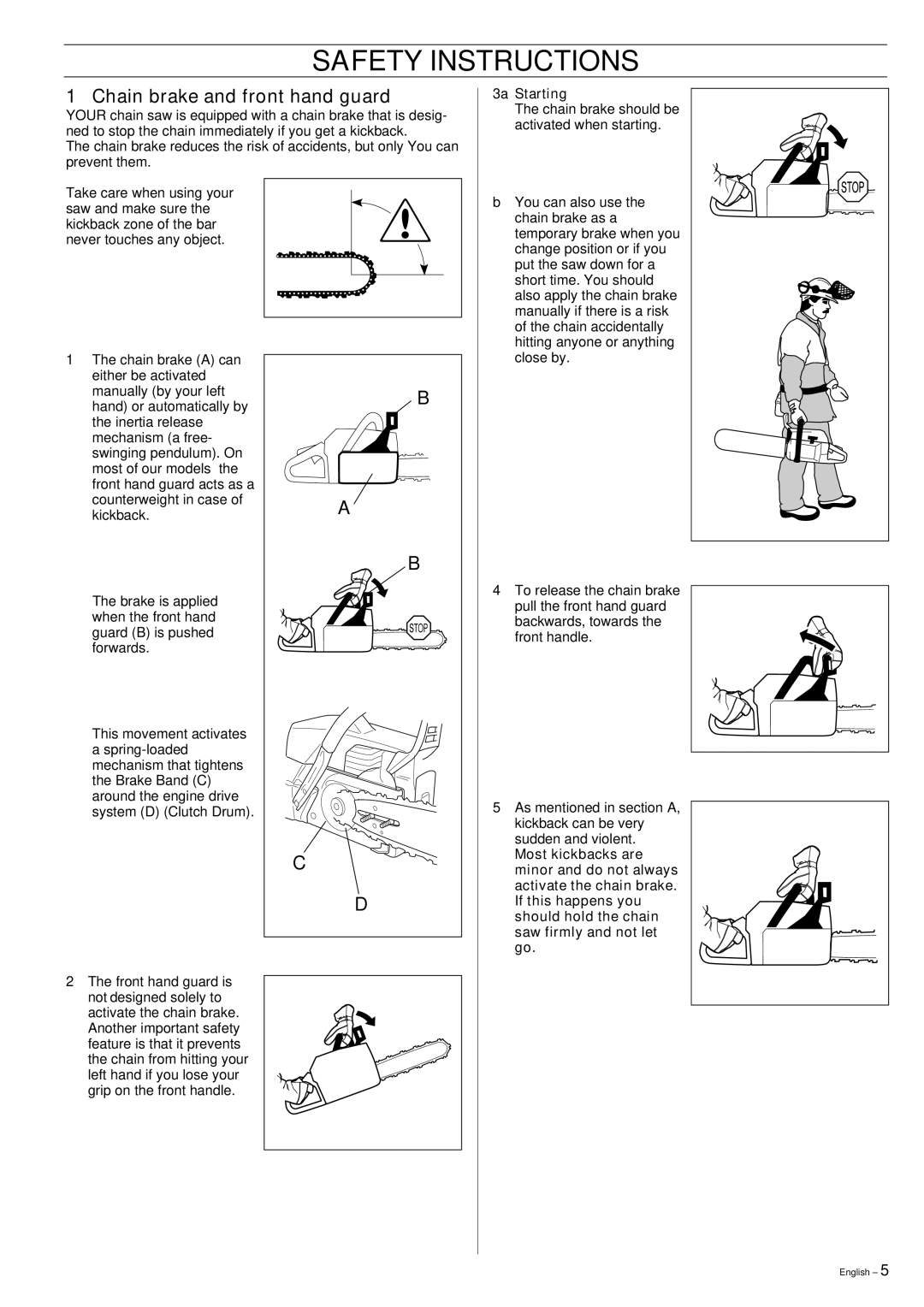 Jonsered CS 2145, CS 2141, CS 2150 manual Chain brake and front hand guard, 3a Starting 
