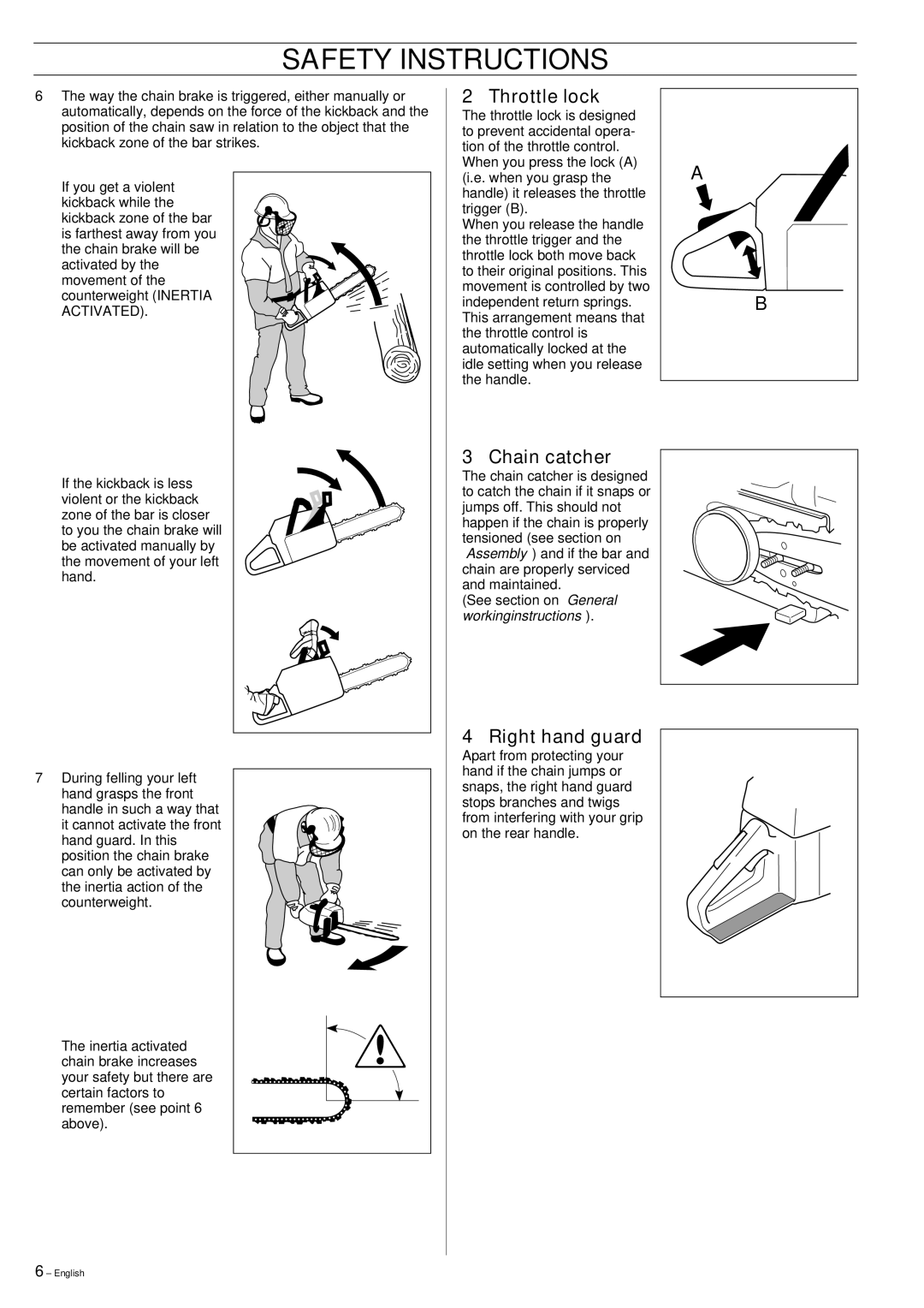 Jonsered CS 2141, CS 2150, CS 2145 manual Throttle lock, Chain catcher, Right hand guard 