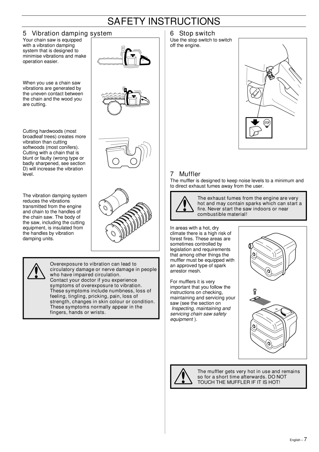 Jonsered CS 2150, CS 2141, CS 2145 manual Vibration damping system, Stop switch, Muffler 