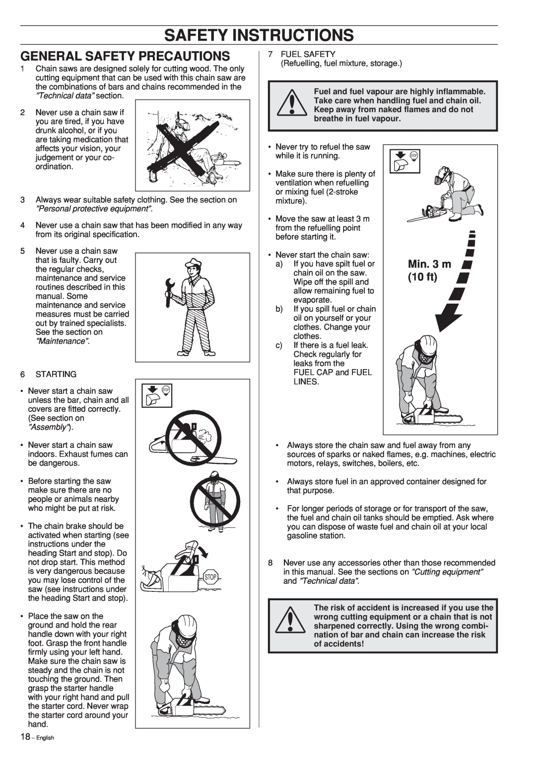 Jonsered CS 2141, CS 2150, CS 2145 manual General Safety Precautions, Min. 3 m, 10 ft, Safety Instructions 