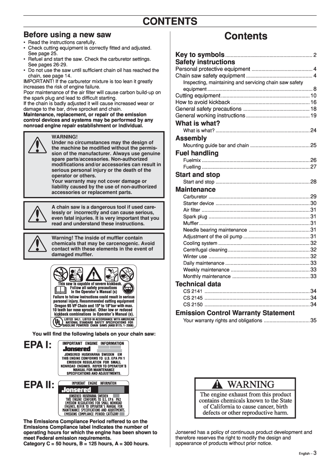 Jonsered CS 2141 Contents, Epa Epa, Before using a new saw, Safety instructions, What is what?, Assembly, Fuel handling 