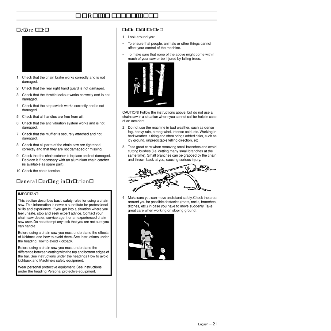 Jonsered CS 2145S, CS 2141S manual Working Techniques, Before use, General working instructions, Basic safety rules 