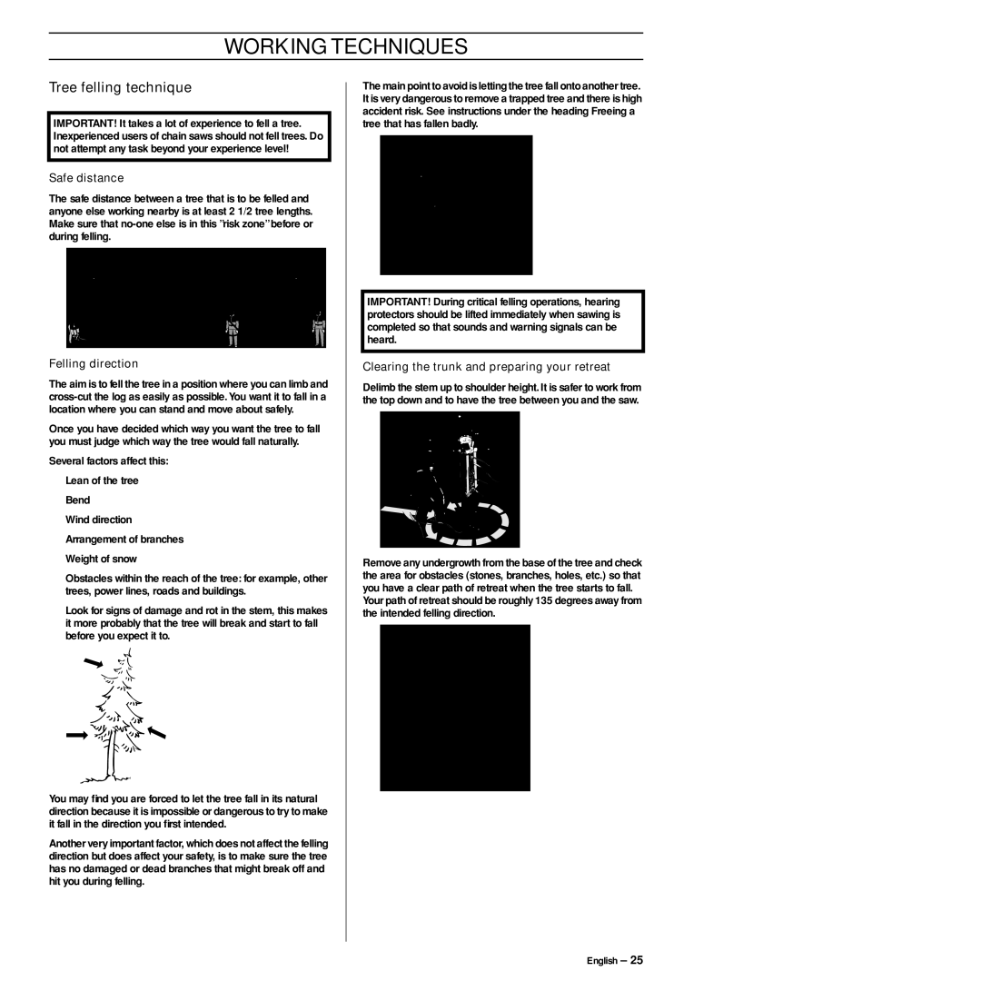 Jonsered CS 2145S Tree felling technique, Safe distance, Felling direction, Clearing the trunk and preparing your retreat 