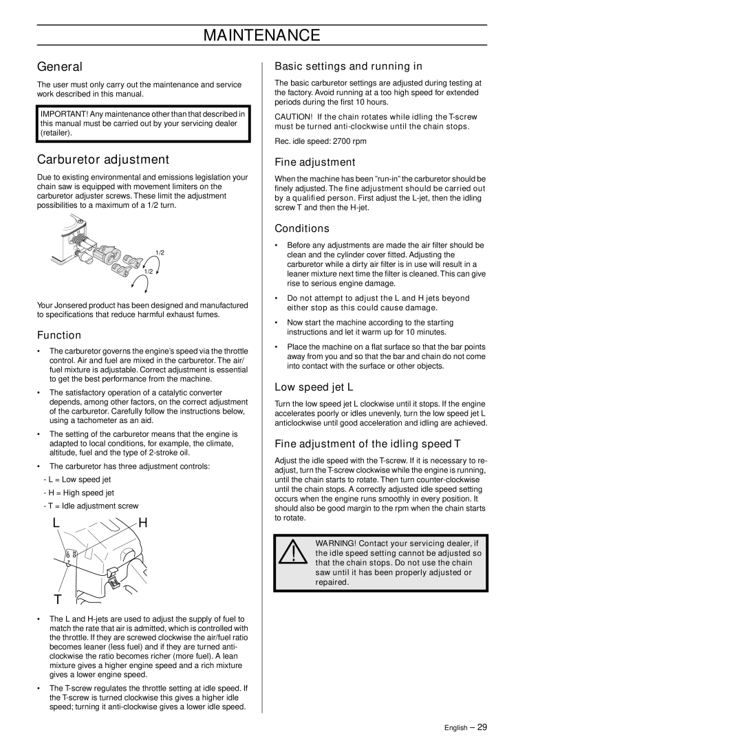 Jonsered CS 2145S, CS 2141S manual Maintenance, General, Carburetor adjustment 