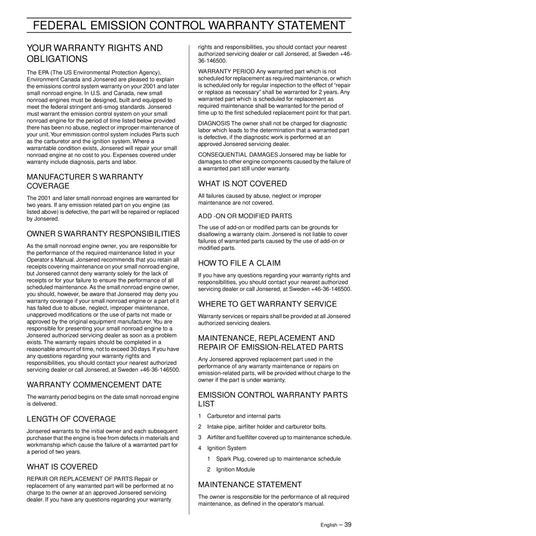 Jonsered CS 2145S, CS 2141S manual Federal Emission Control Warranty Statement, Your Warranty Rights and Obligations 