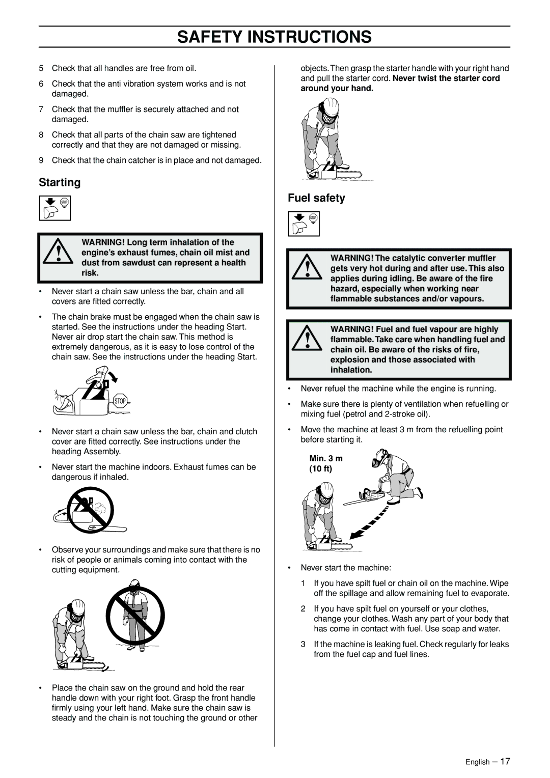 Jonsered CS 2147 manual Starting, Fuel safety 