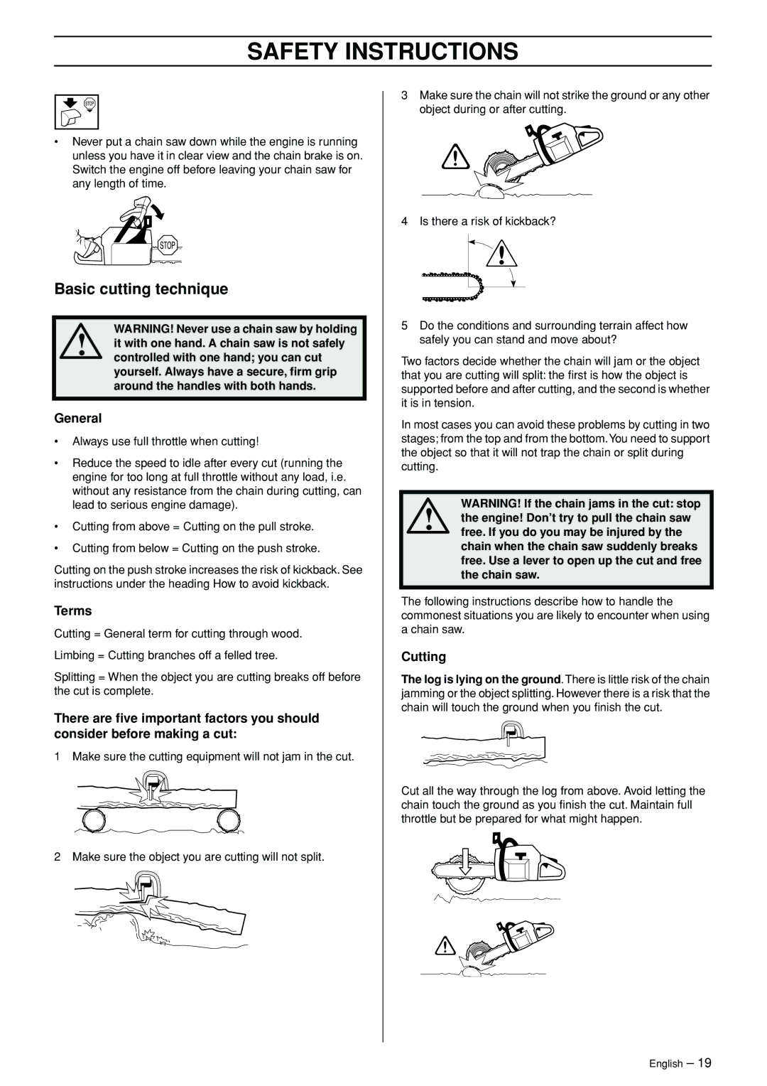 Jonsered CS 2147 manual Basic cutting technique, General, Terms, Cutting 