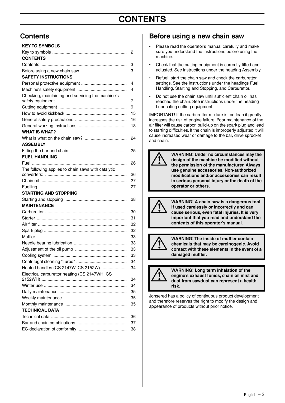 Jonsered CS 2147 manual Contents 