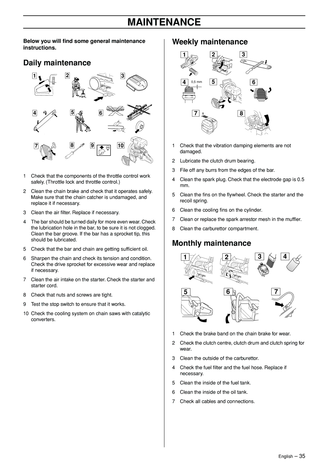 Jonsered CS 2147 manual Daily maintenance, Weekly maintenance, Monthly maintenance 