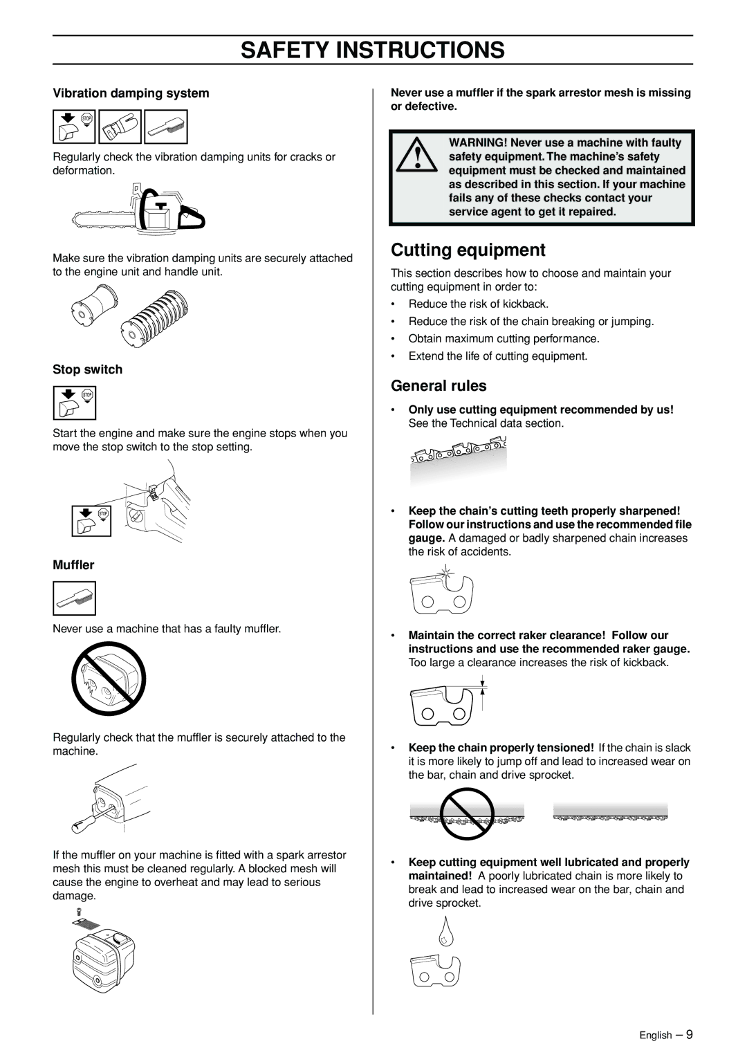 Jonsered CS 2147 manual Cutting equipment, General rules, Vibration damping system, Stop switch, Mufﬂer 