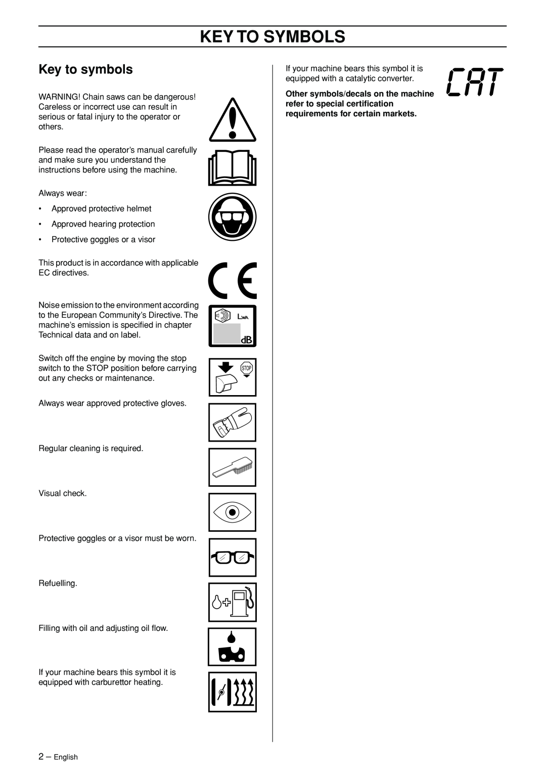 Jonsered CS 2147 manual Key To Symbols, Key to symbols 