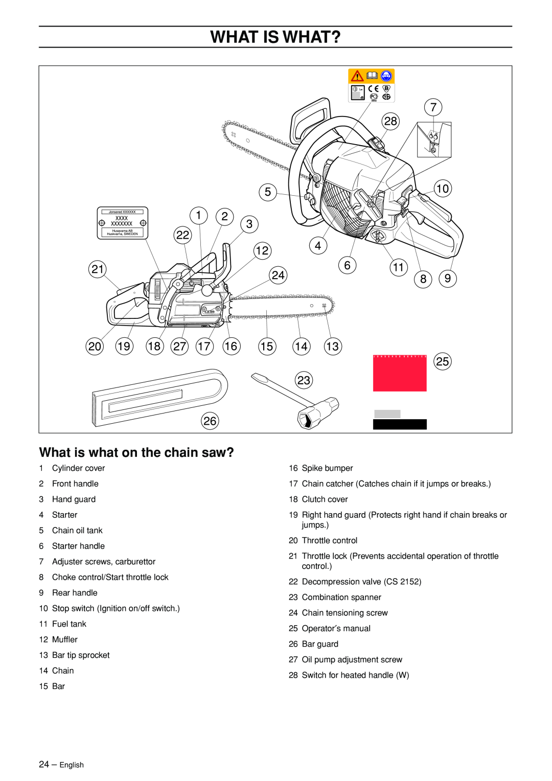 Jonsered CS 2147 manual What Is What?, What is what on the chain saw? 