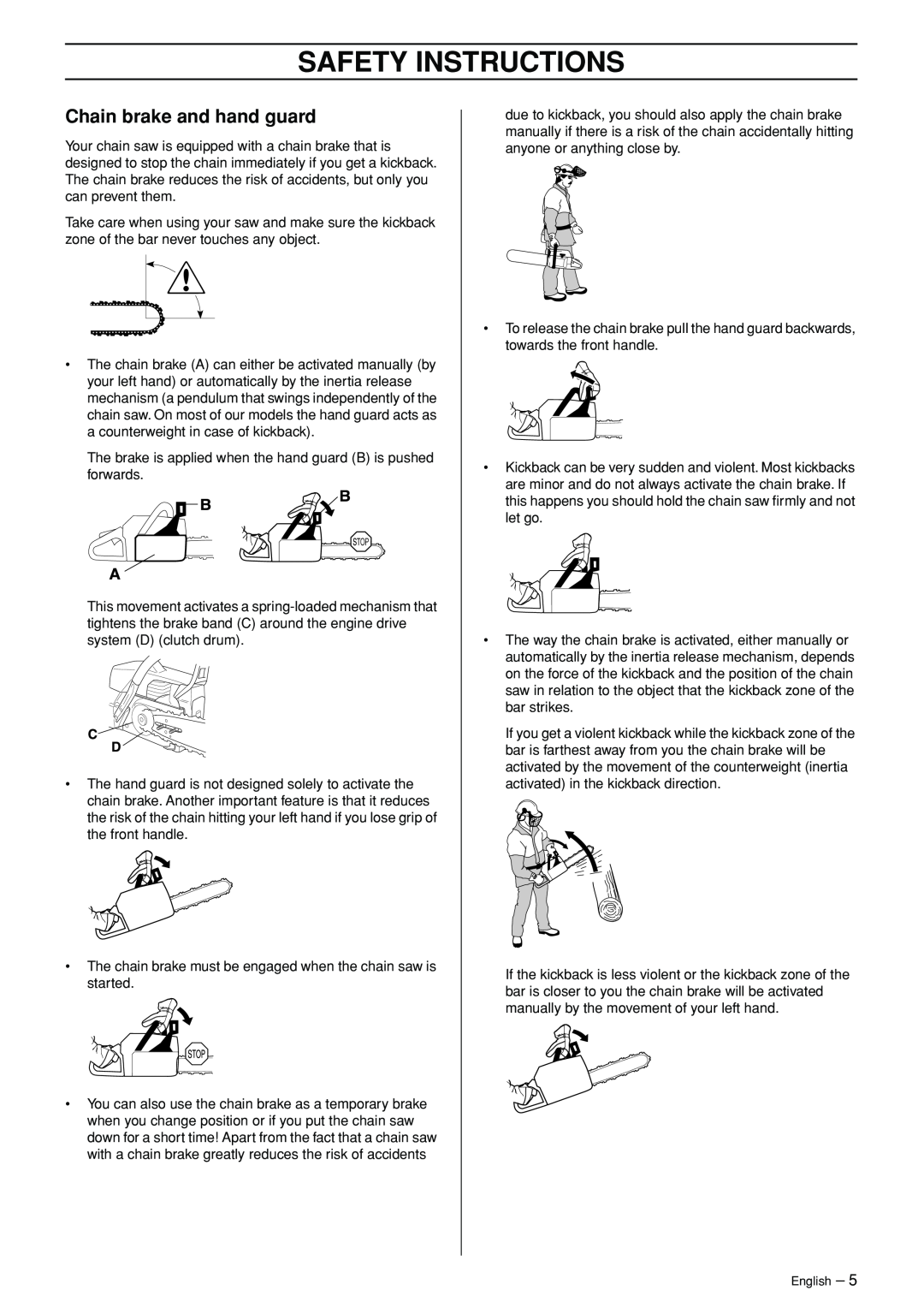 Jonsered CS 2147 manual Chain brake and hand guard, Safety Instructions, English 