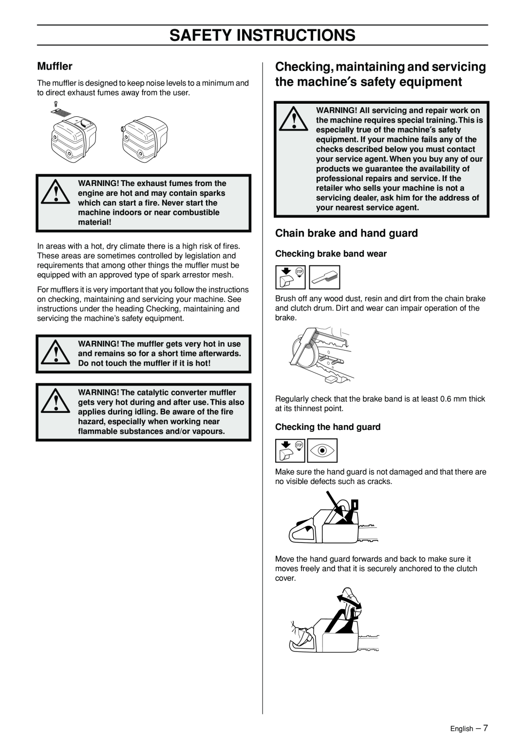 Jonsered CS 2147 manual Mufﬂer, Checking brake band wear, Checking the hand guard, Safety Instructions 