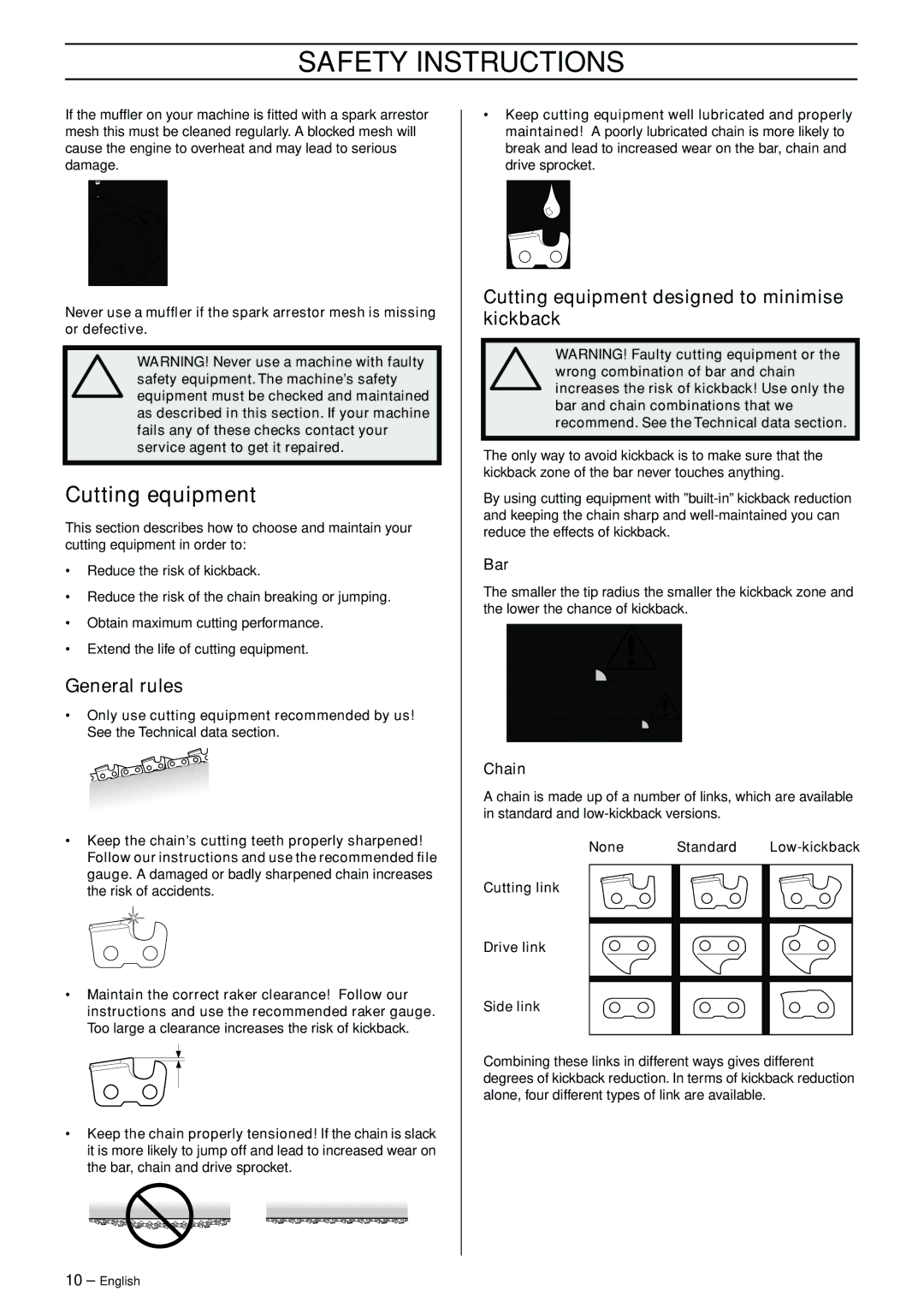 Jonsered CS 2145 EPA II, CS 2150 EPA I manual General rules, Cutting equipment designed to minimise kickback, Bar, Chain 