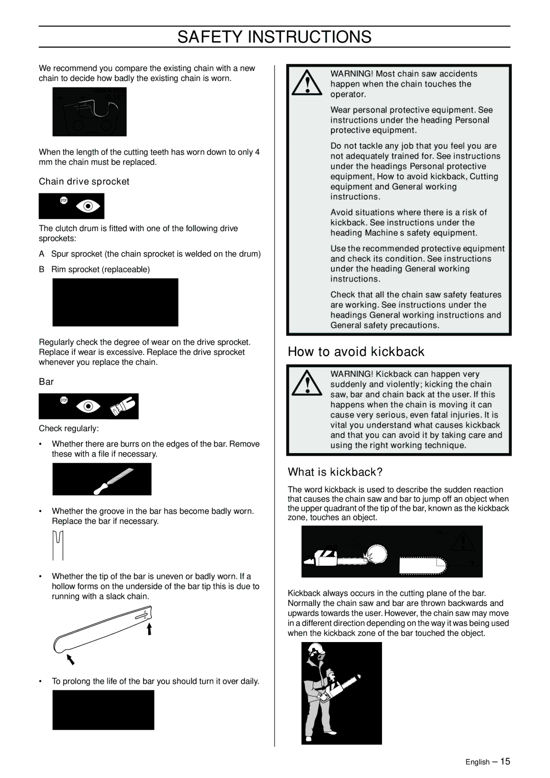 Jonsered CS 2150 EPA I, CS 2145 EPA II, CS 2141 EPA II manual How to avoid kickback, What is kickback?, Chain drive sprocket 
