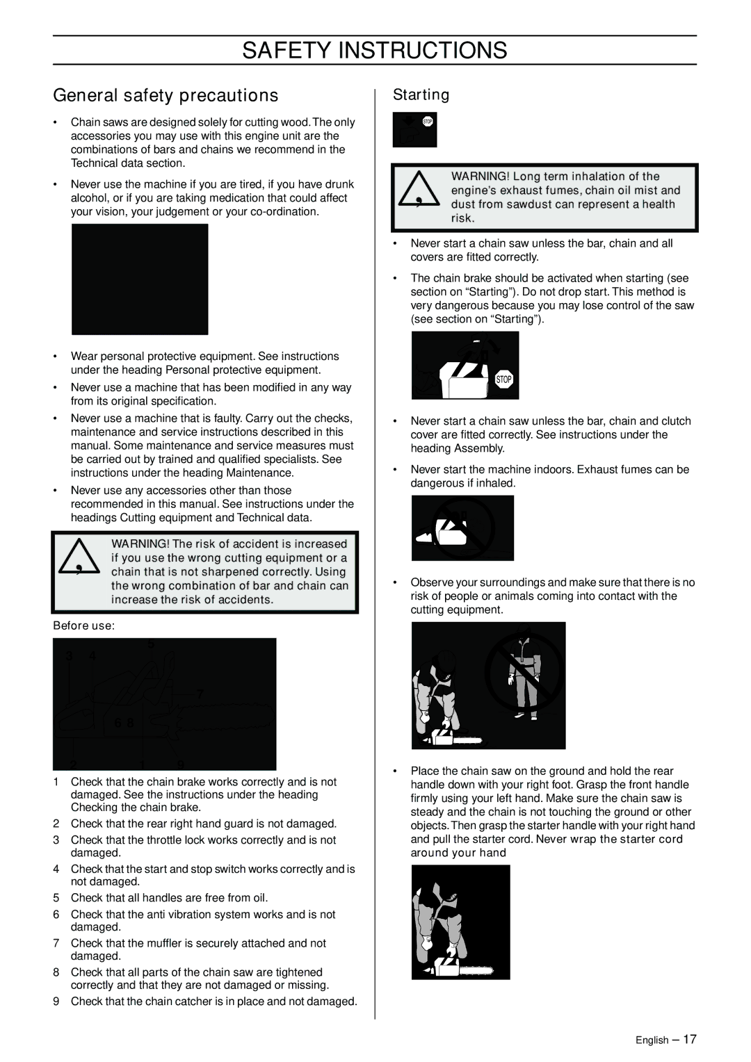 Jonsered CS 2141 EPA II, CS 2150 EPA I, CS 2145 EPA II manual General safety precautions, Starting 