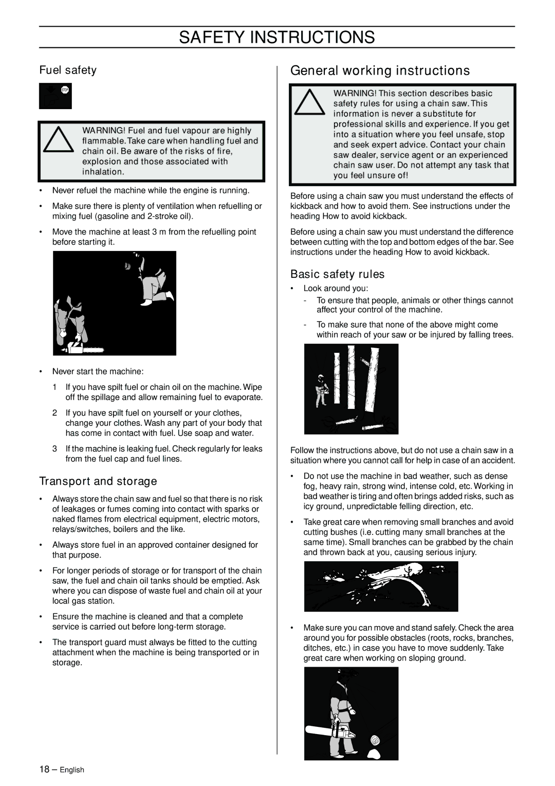 Jonsered CS 2150 EPA I manual General working instructions, Fuel safety, Transport and storage, Basic safety rules 