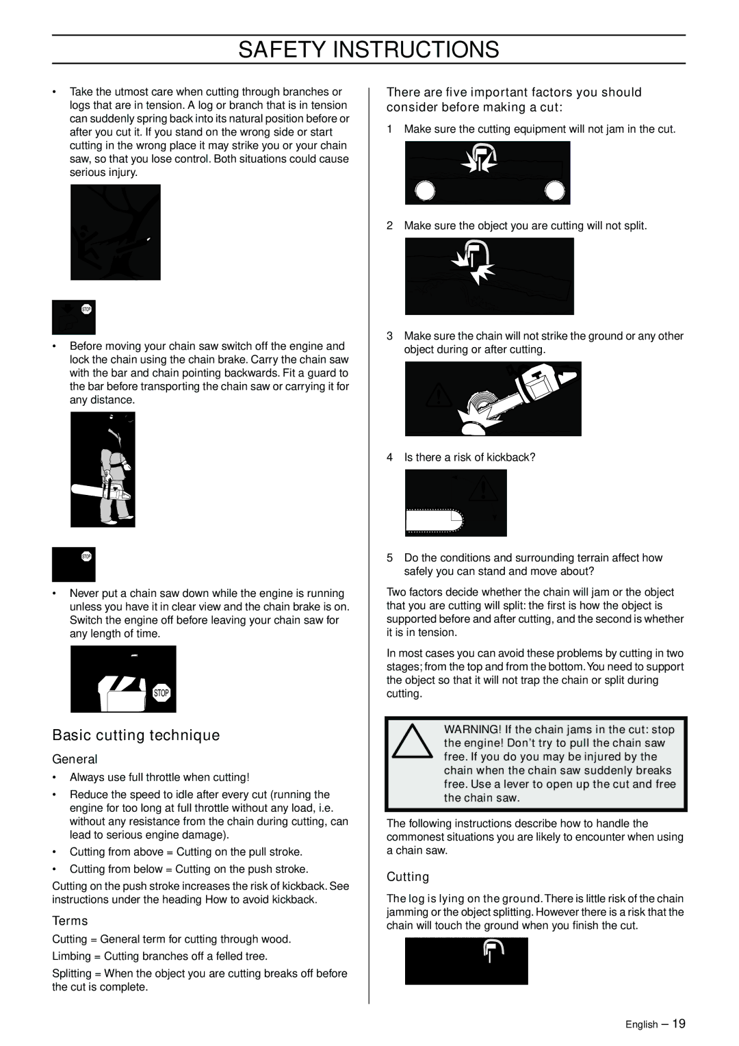 Jonsered CS 2145 EPA II, CS 2150 EPA I, CS 2141 EPA II manual Basic cutting technique, General, Terms, Cutting 