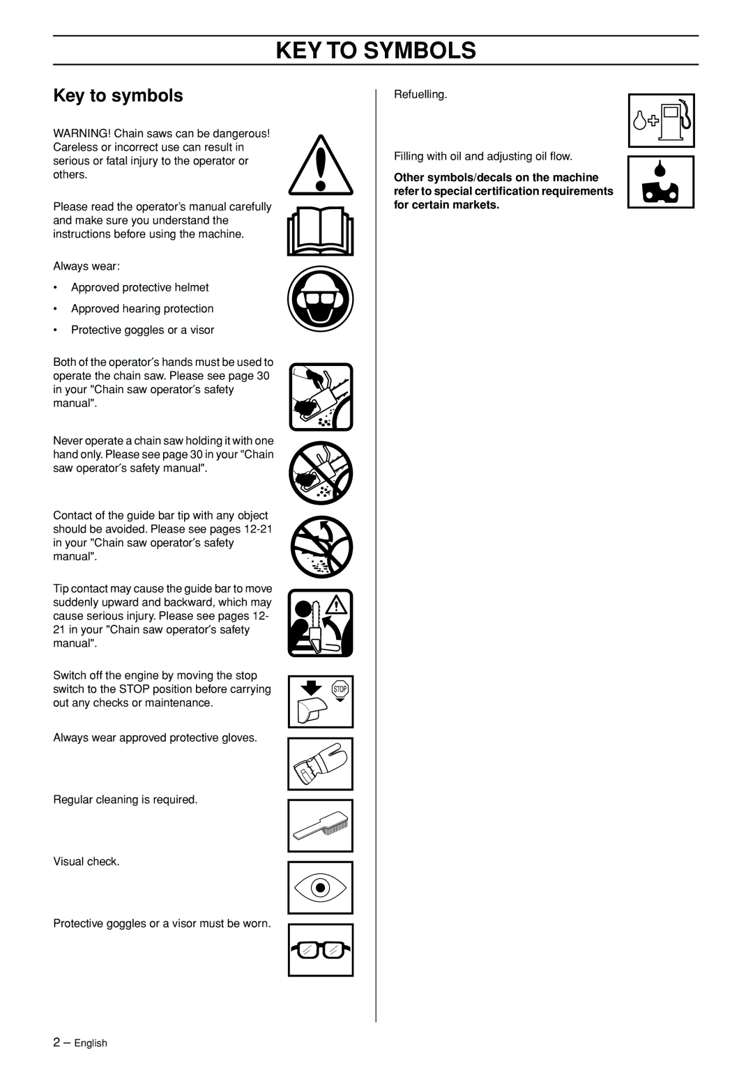 Jonsered CS 2141 EPA II, CS 2150 EPA I, CS 2145 EPA II manual KEY to Symbols, Key to symbols 