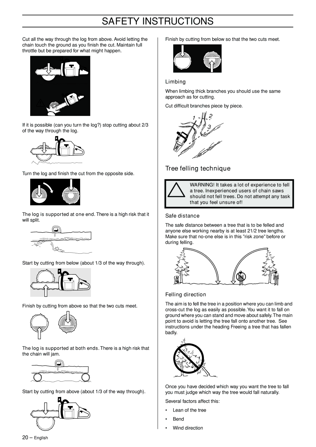 Jonsered CS 2141 EPA II, CS 2150 EPA I, CS 2145 EPA II Tree felling technique, Limbing, Safe distance, Felling direction 