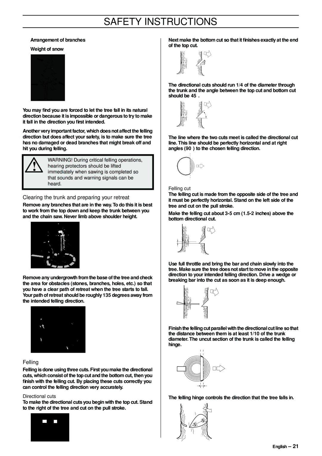 Jonsered CS 2150 EPA I, CS 2145 EPA II Clearing the trunk and preparing your retreat, Directional cuts, Felling cut 