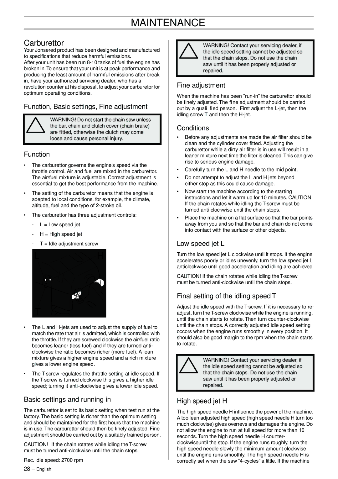 Jonsered CS 2145 EPA II, CS 2150 EPA I, CS 2141 EPA II manual Maintenance, Carburettor 