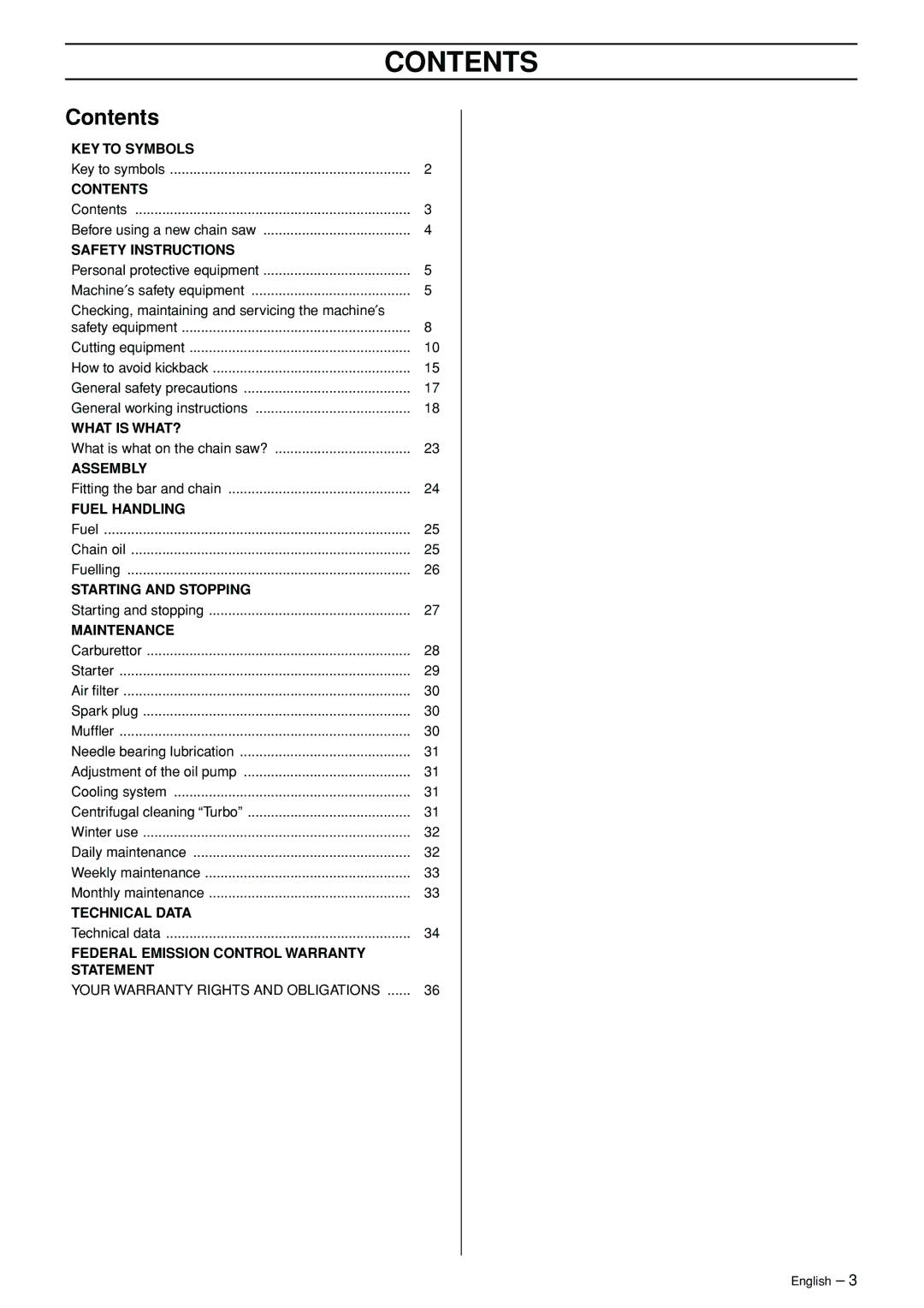 Jonsered CS 2150 EPA I, CS 2145 EPA II, CS 2141 EPA II manual Contents 