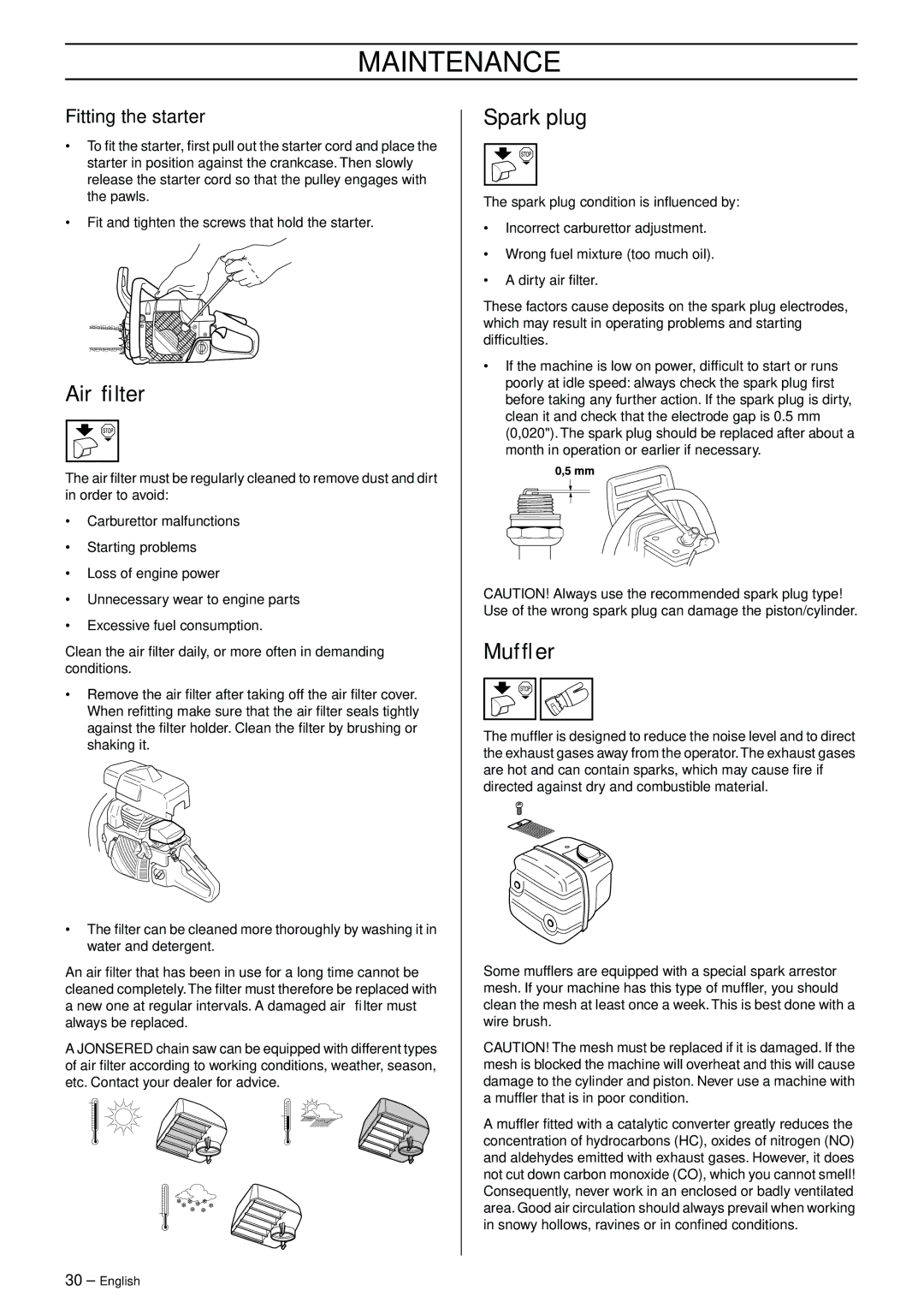 Jonsered CS 2150 EPA I, CS 2145 EPA II, CS 2141 EPA II manual Air ﬁlter, Spark plug, Mufﬂer, Fitting the starter 