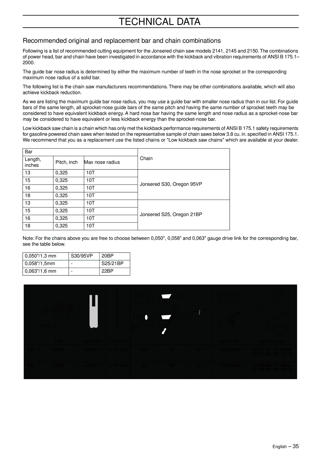 Jonsered CS 2141 EPA II manual Bar Chain Length Pitch, inch Max nose radius Inches, 050/1,3 mm, 058/1,5mm, 063/1,6 mm 