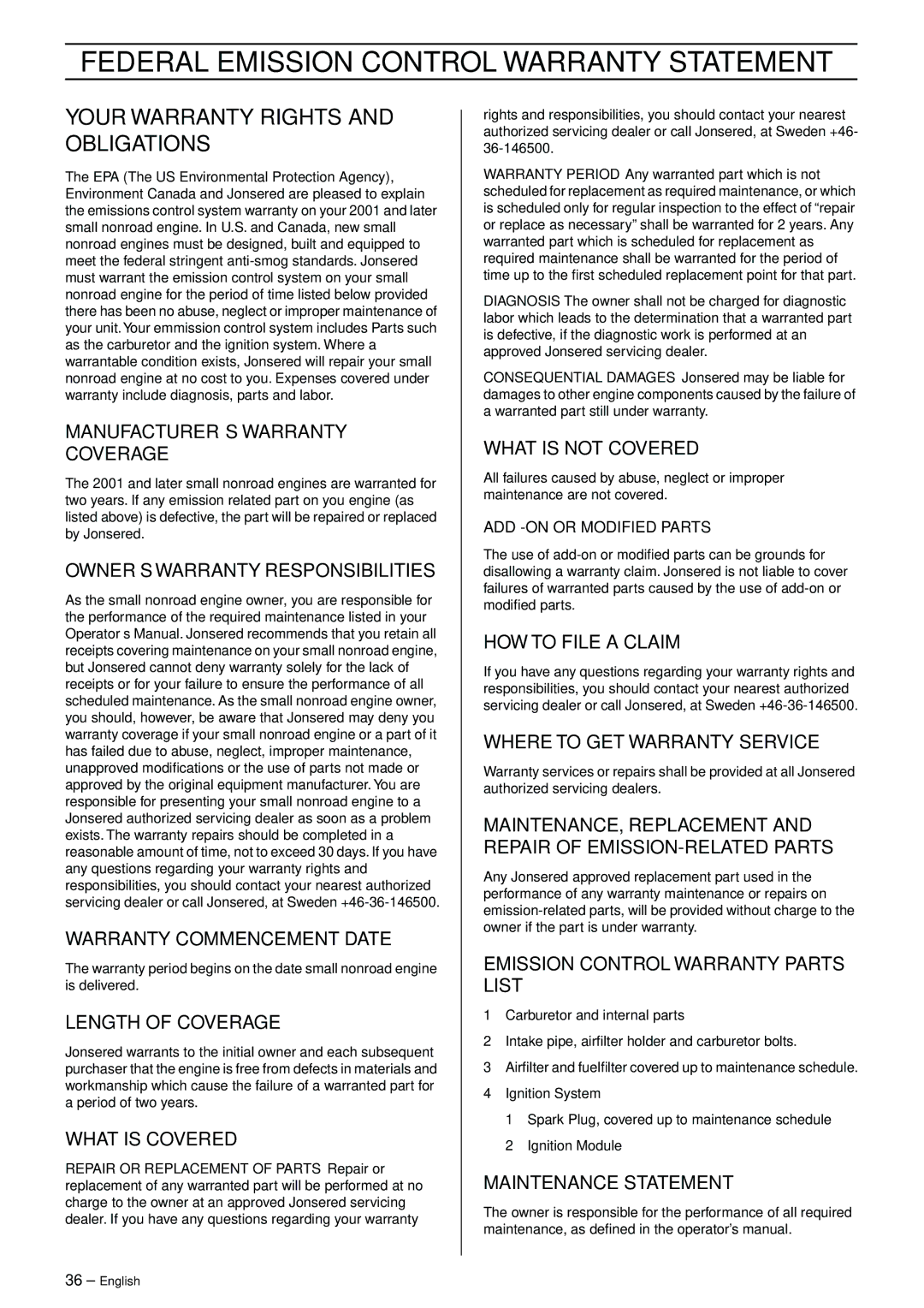 Jonsered CS 2150 EPA I, CS 2145 EPA II Federal Emission Control Warranty Statement, Your Warranty Rights and Obligations 