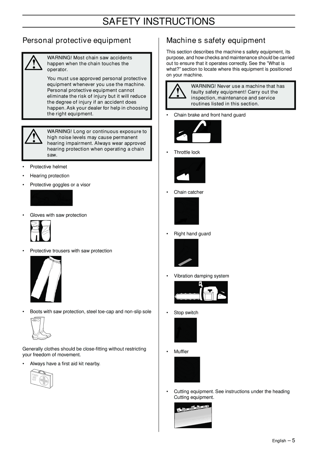 Jonsered CS 2141 EPA II, CS 2150 EPA I manual Safety Instructions, Personal protective equipment, Machine′s safety equipment 