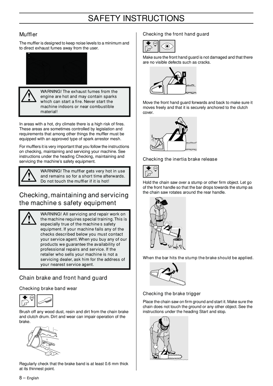 Jonsered CS 2141 EPA II manual Mufﬂer, Checking brake band wear, Checking the front hand guard, Checking the brake trigger 