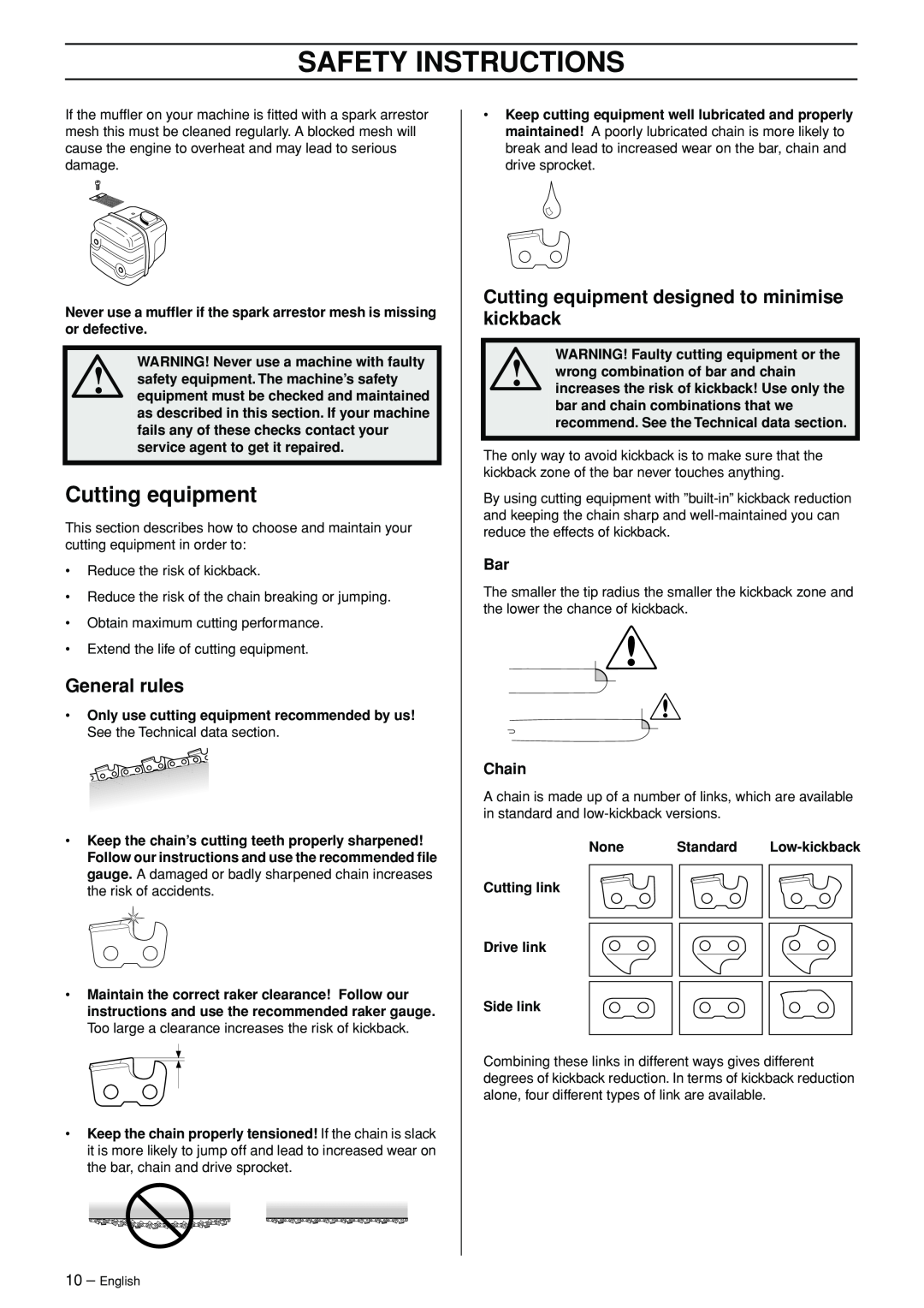 Jonsered CS 2145 EPA II General rules, Cutting equipment designed to minimise kickback, Chain, Safety Instructions 