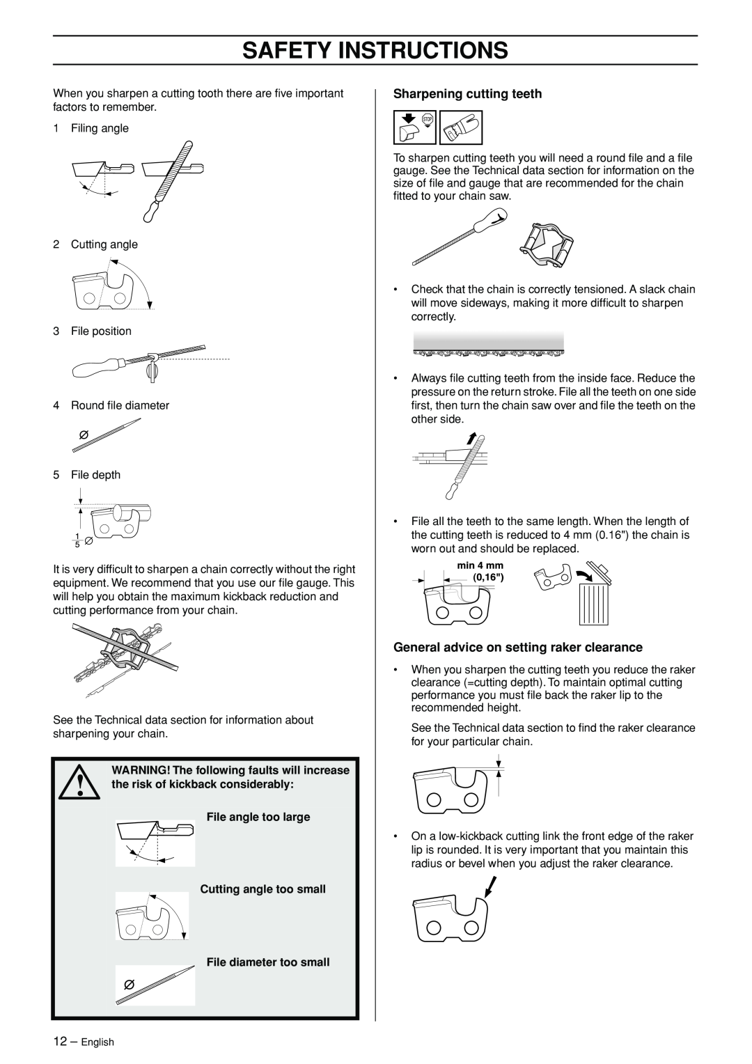 Jonsered CS 2150 EPA I manual Sharpening cutting teeth, General advice on setting raker clearance, Safety Instructions 