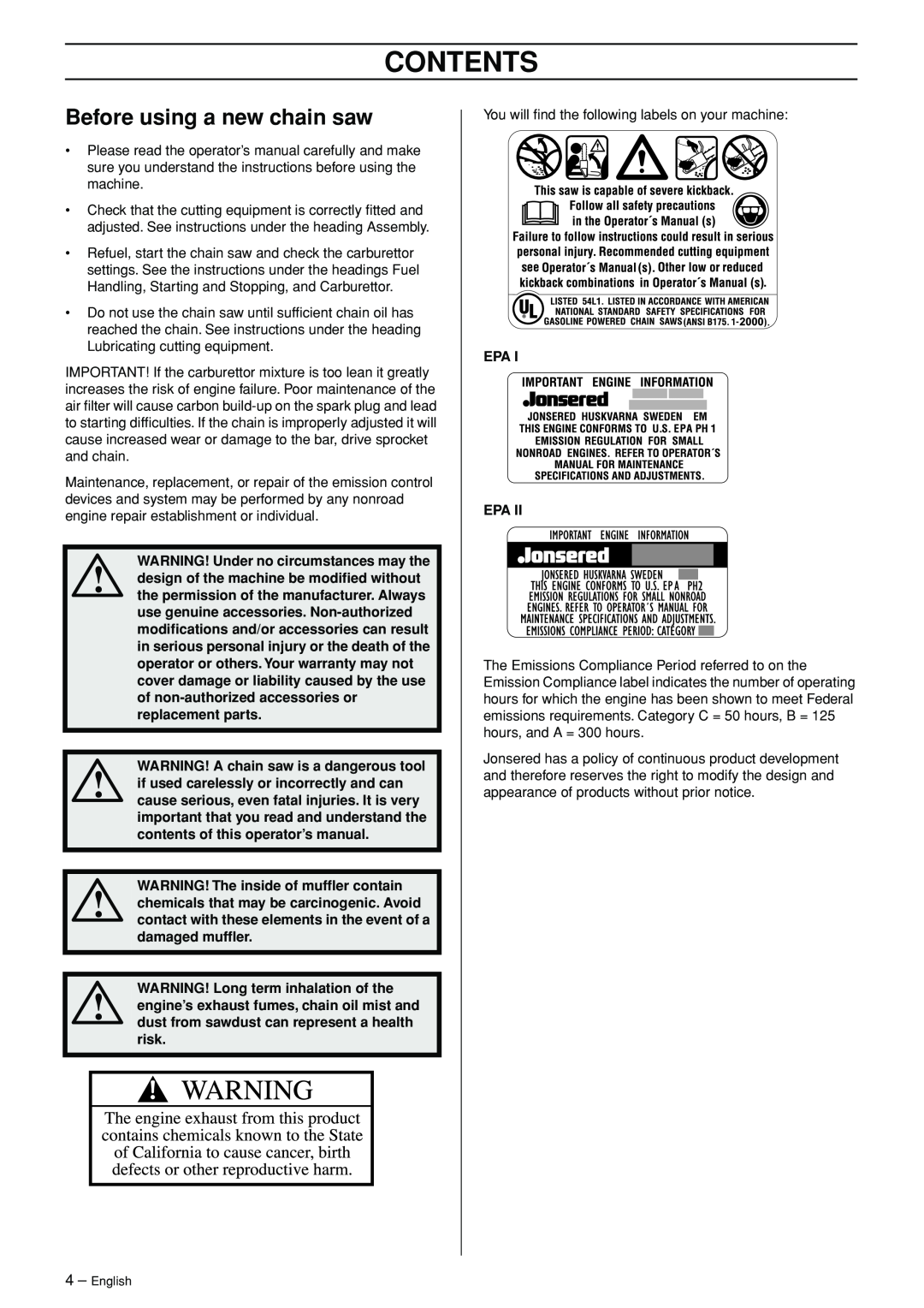 Jonsered CS 2145 EPA II, CS 2150 EPA I, CS 2141 EPA II manual Before using a new chain saw, Contents 