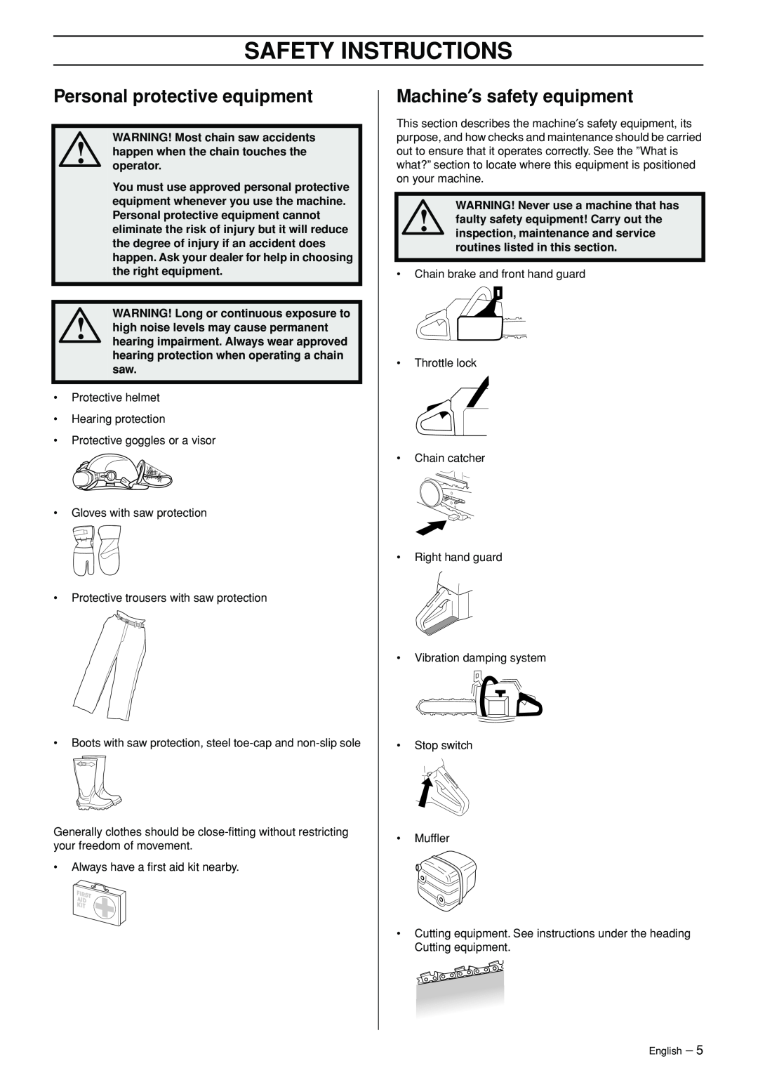 Jonsered CS 2141 EPA II, CS 2150 EPA I manual Safety Instructions, Personal protective equipment, Machine′s safety equipment 