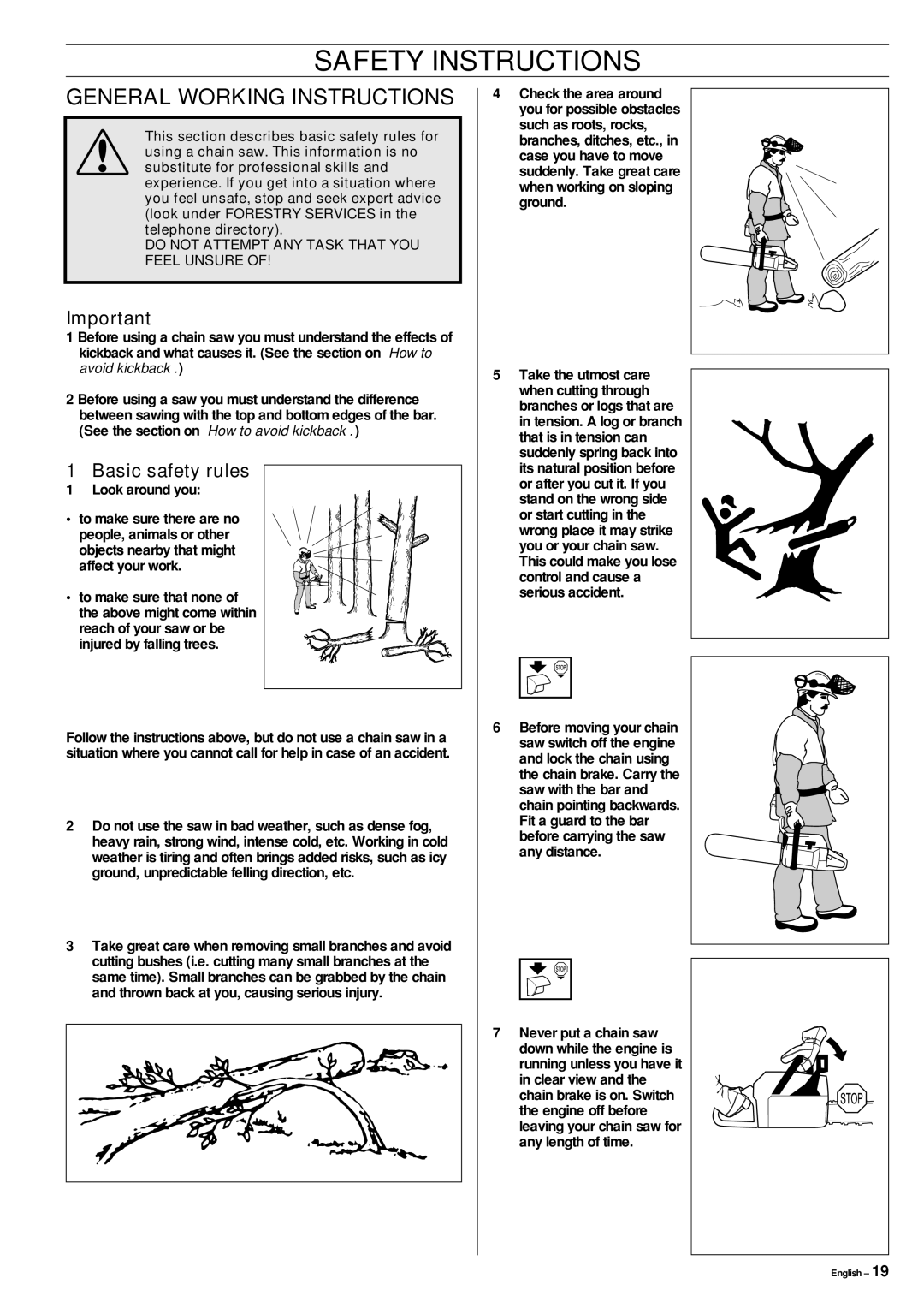 Jonsered CS 2152 manual General Working Instructions, Basic safety rules 