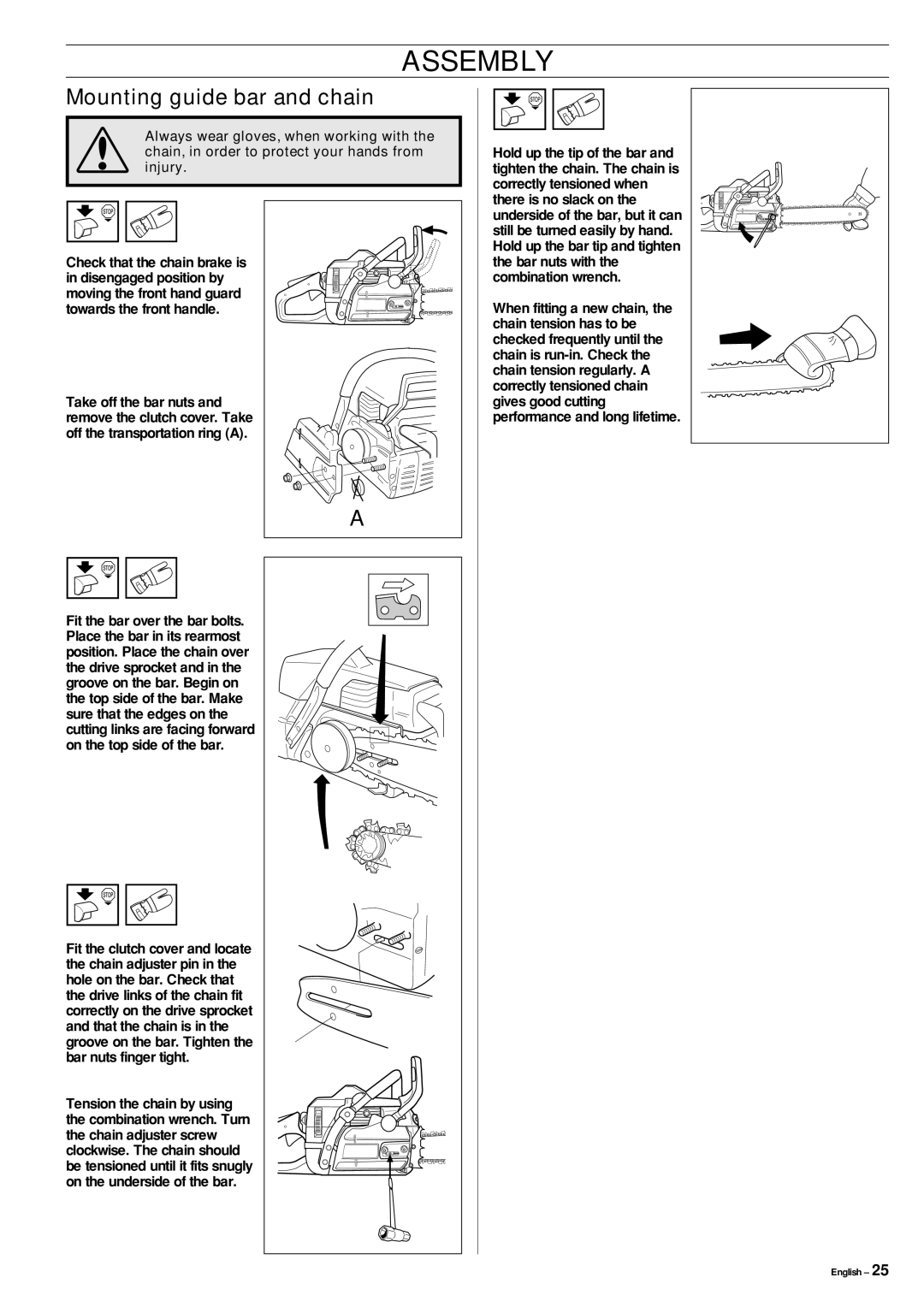 Jonsered CS 2152 manual Assembly, Mounting guide bar and chain 