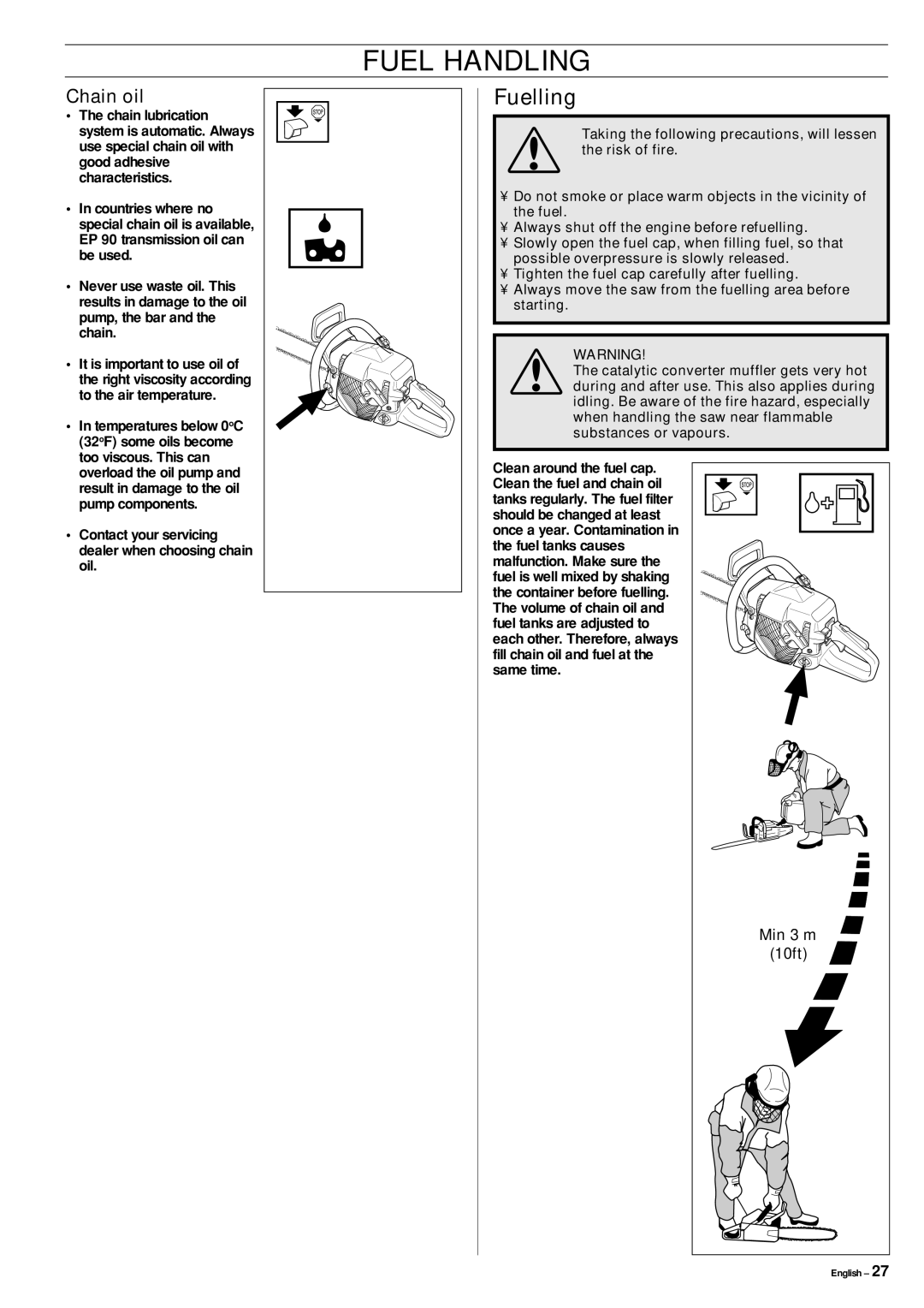 Jonsered CS 2152 manual Fuelling, Chain oil, Min 3 m, 10ft 